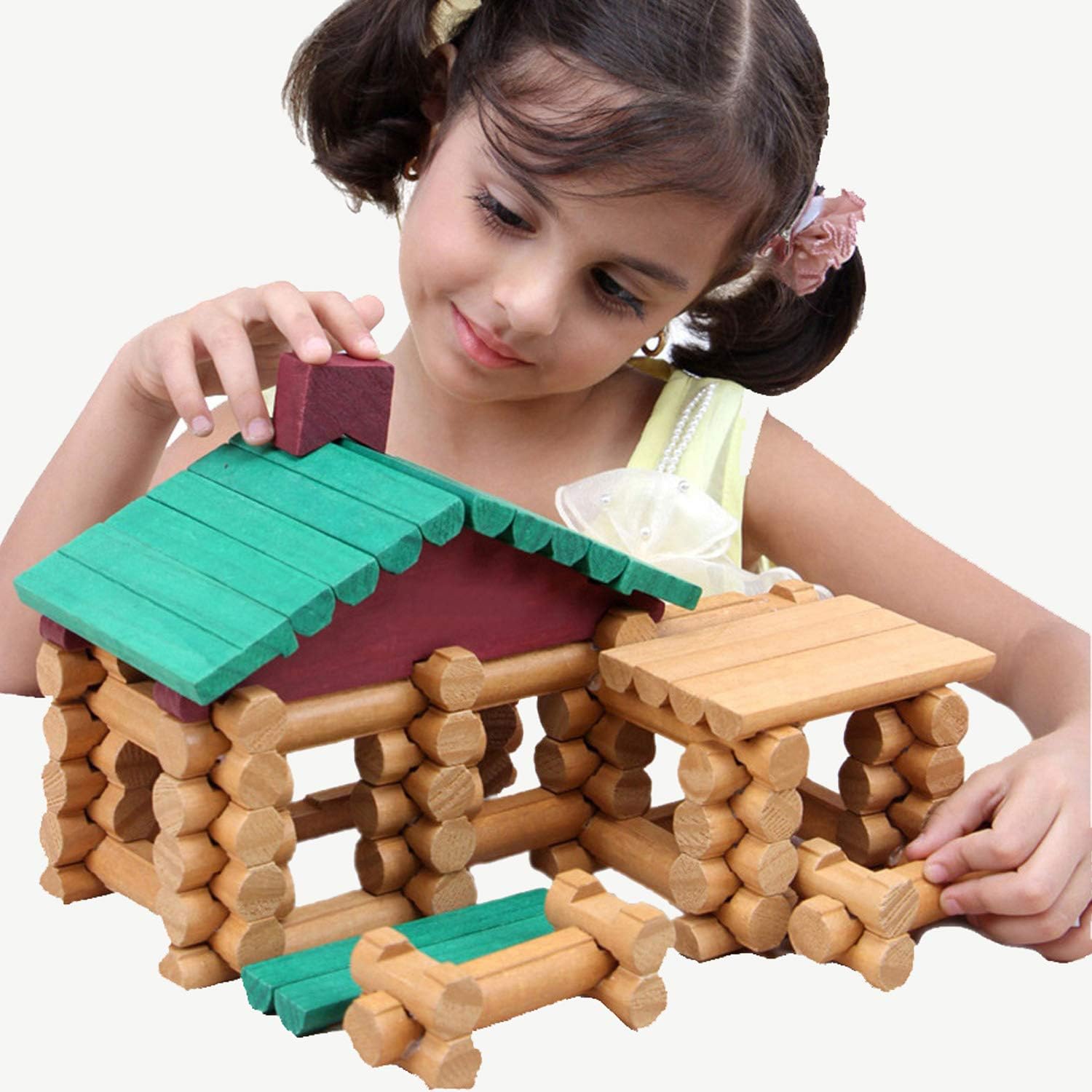 Wondertoys 90 Pieces Classic Wood Cabin Logs Set, Building Log Toy for Children, Farm House Construction Educational Toys for 3 4 5 6 Years Old