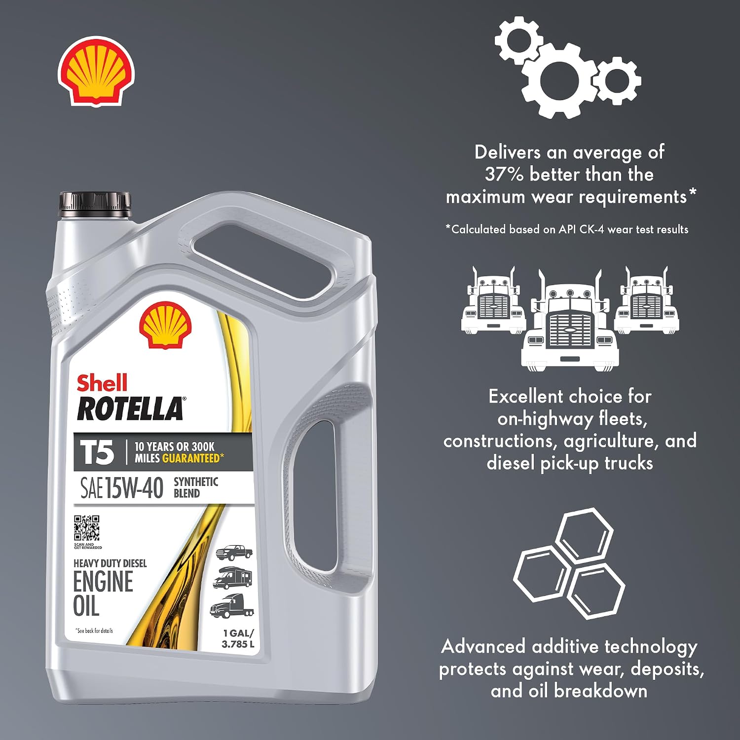 Shell Rotella T5 Synthetic Blend 15W-40 Diesel Engine Oil, 1 Gallon (3 Pack)