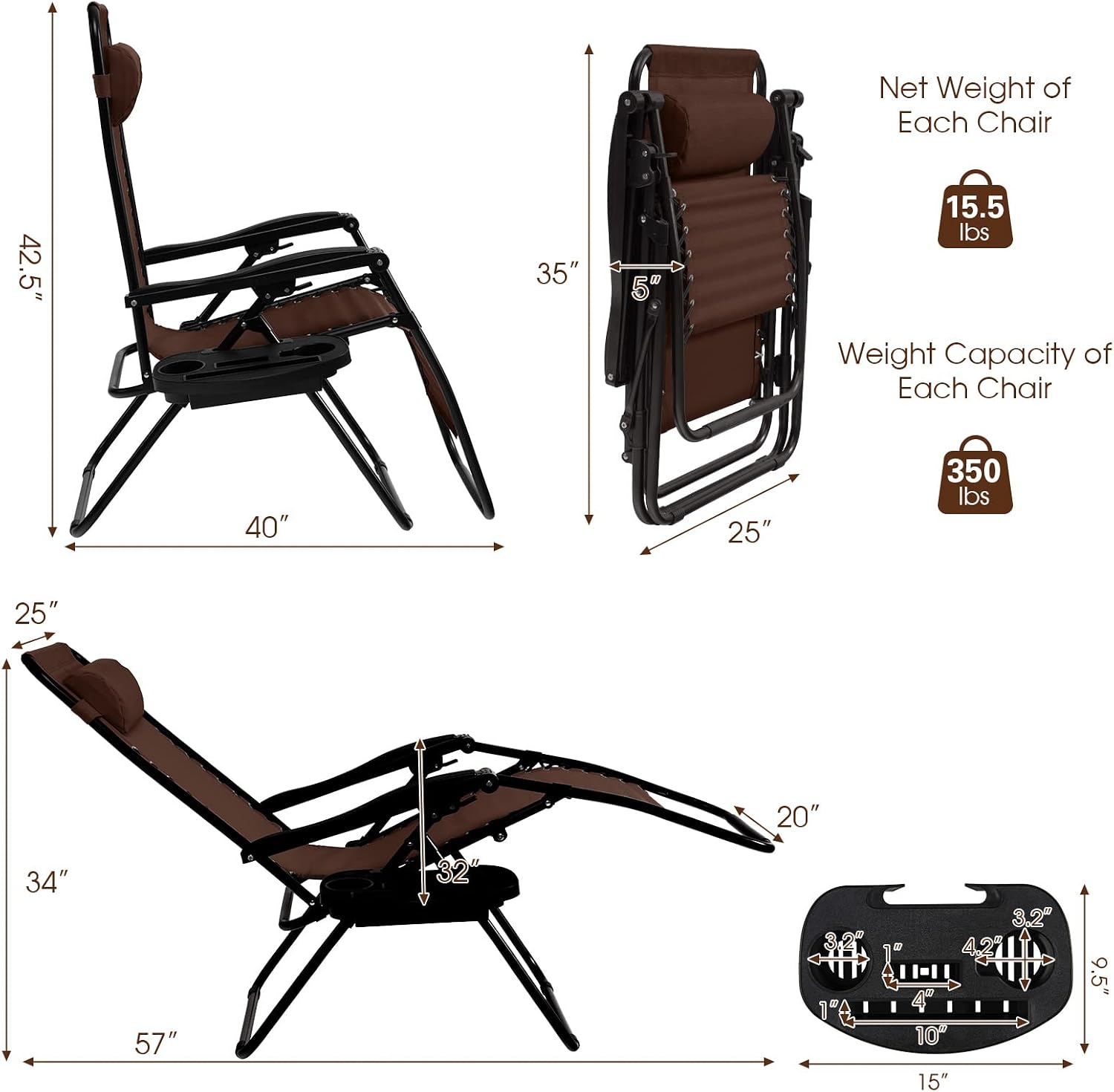 Goplus Zero Gravity Lounge Chairs, 160°Adjustable Folding Recliner w/Pillow and Cup Holder, 350LBS Comfy Outdoor Lounge Chairs for Patio, Lawn, Yard & Camp(1, Gray)