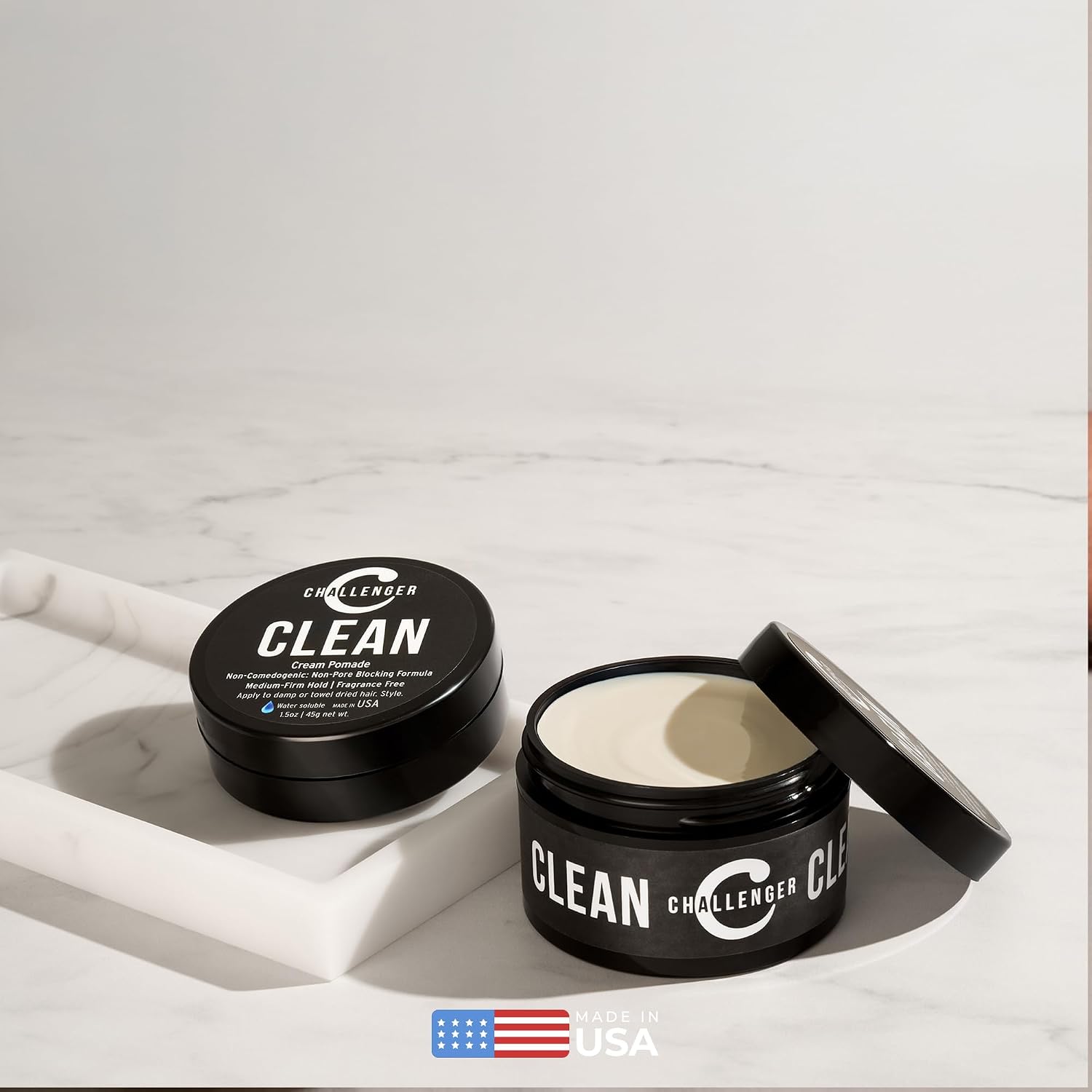 Challenger Men’s Clean Cream Pomade, 1.5 Ounce | Fragrance Free, Non-Comedogenic Hair Styling Product | Medium Firm Hold & Natural Finish | Shine Free, Unscented, Water Based & Travel Friendly