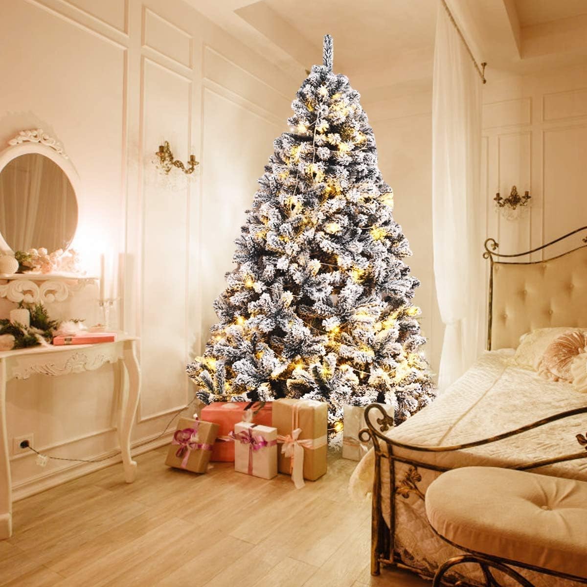 ReunionG 7.5FT Snow Christmas Tree, Artificial Flocked Hinged Pine Tree, Holiday Decoration Tree with Premium PVC Needles and Solid Metal Stand
