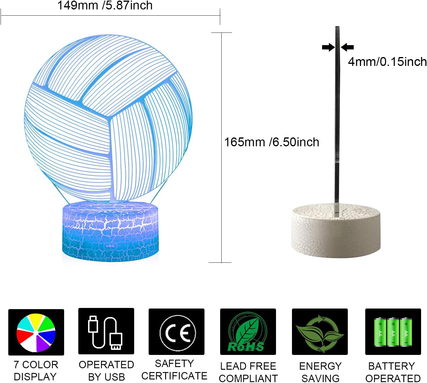 Volleyball 3D Illusion Night Light,16 Colors Changing Touch Switch & Remote Control,Acrylic Flat & ABS White Crack Base &USB Cable Table Lamp