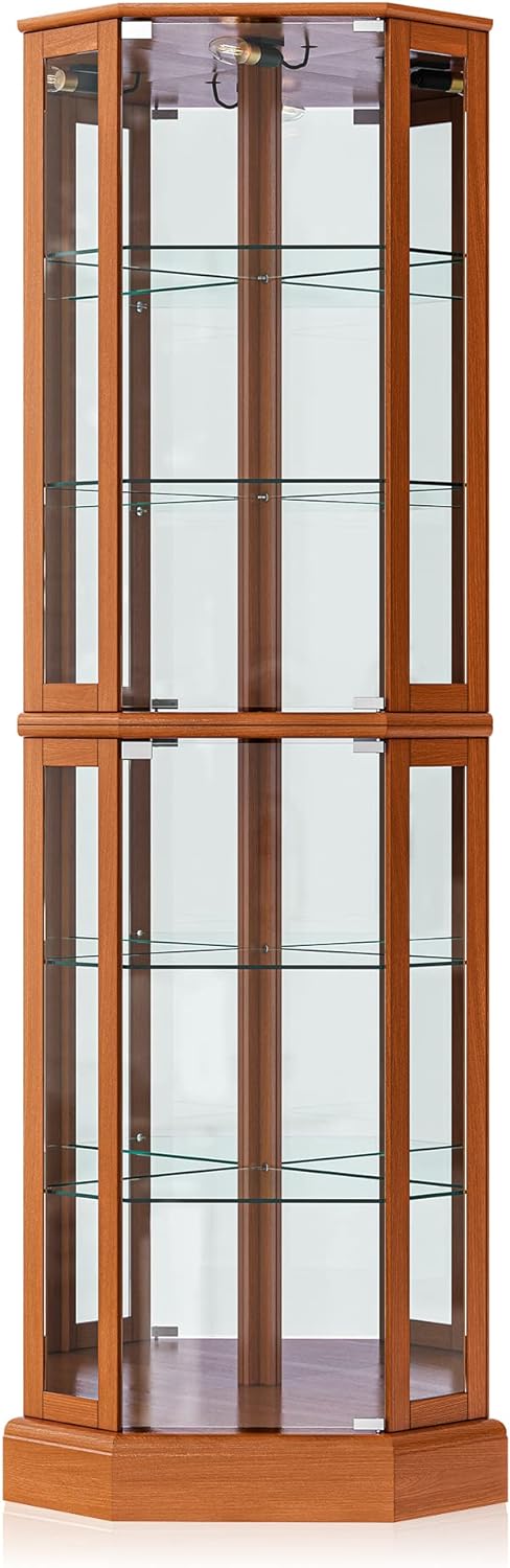 BELLEZE Lighted Corner Display Curio Cabinet Wooden Curved Shelving Unit with Tempered Glass Door