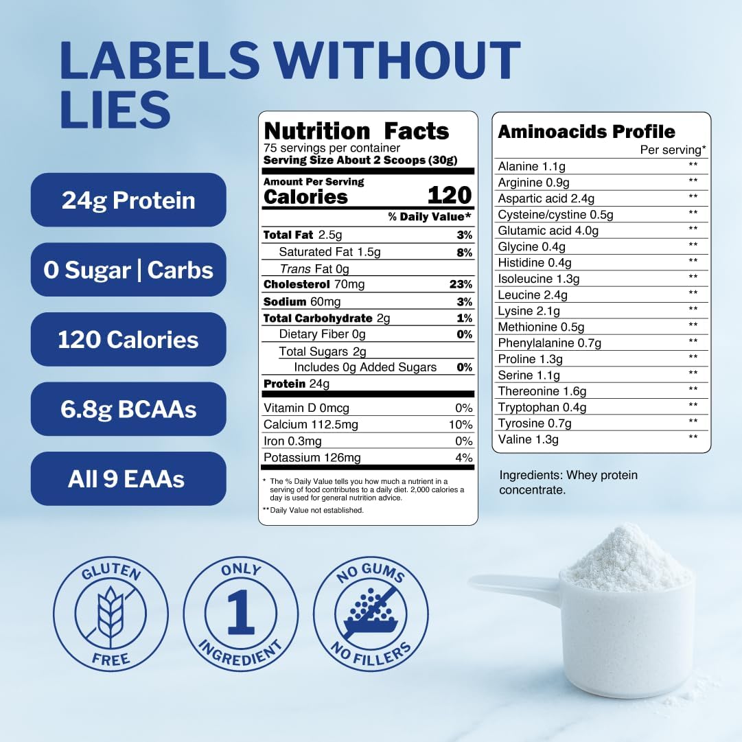 Grass Fed Whey Protein Powder Concentrate - 1 Ingredient - Pure Protein Supplement for Drink, Smoothie, Shake, Cooking & Baking - Non GMO, Hormone Free & Gluten Free - 1 Pound