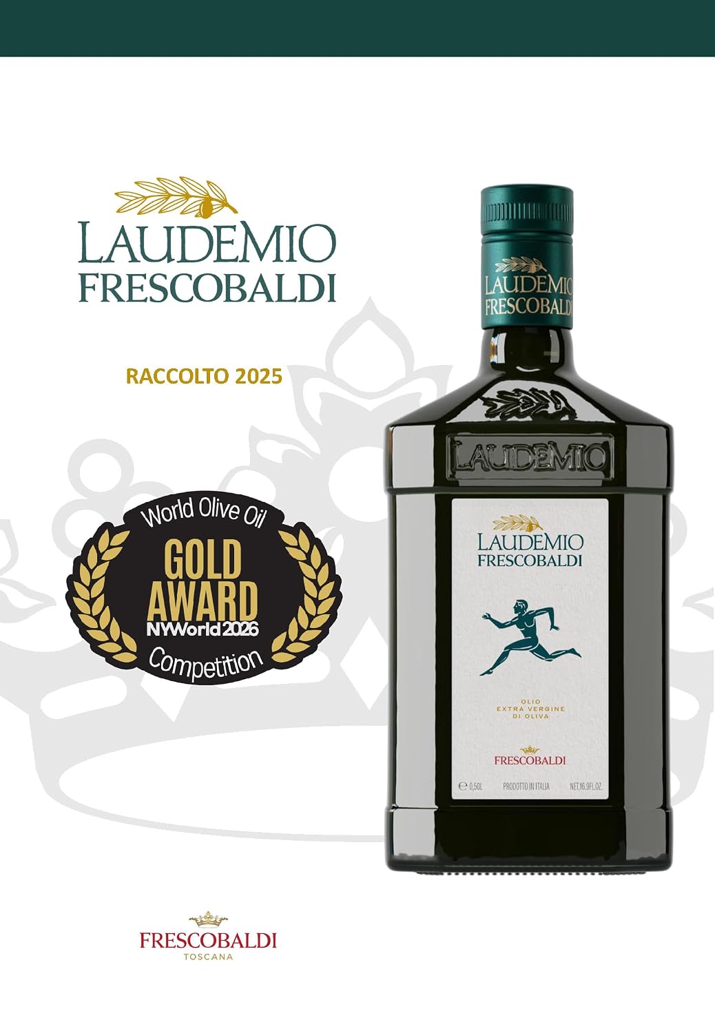 FRESCOBALDI Laudemio Extra Virgin Olive Oil, 16.9 FL Oz, 500ml, Premium, Award Winning Product of Tuscany, Italy, Fruity & Peppery Flavor, Smooth & Robust Low Acidity, Rich in Polyphenols | High Polyphenol Olive Oil | Cold Pressed hours after harvest | A…