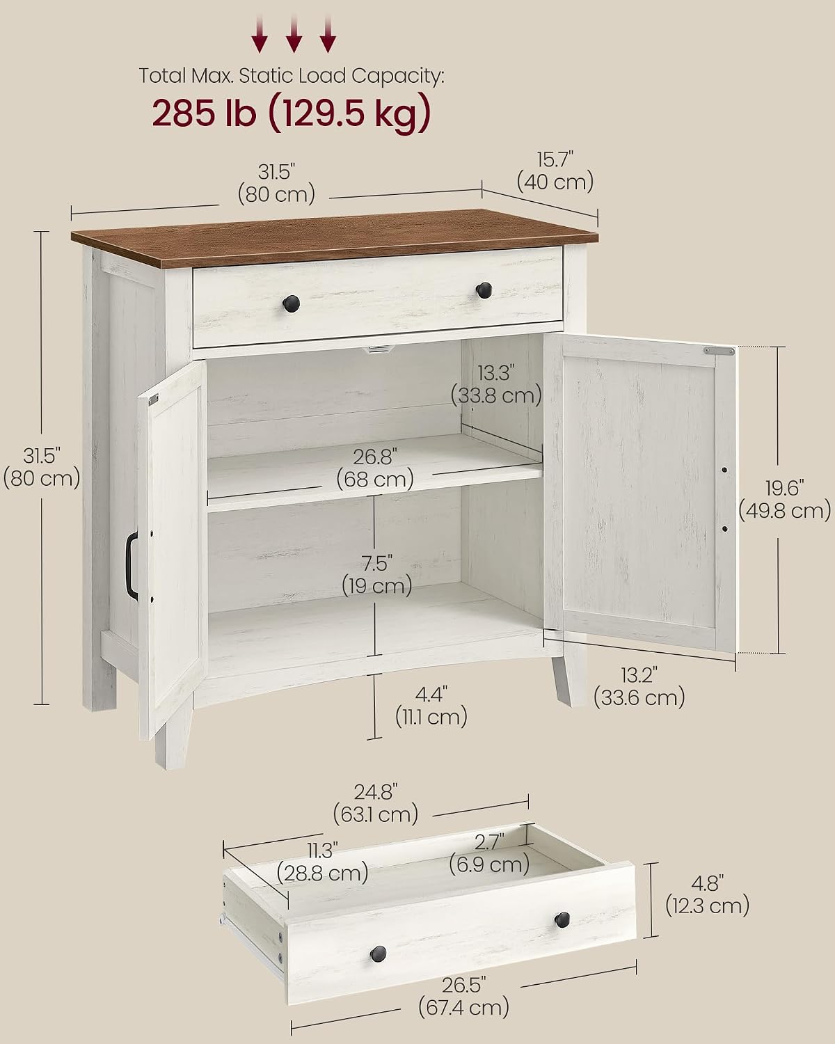 VASAGLE LIRY Collection - Storage Cabinet, Buffet Cabinet, Sideboard, Credenza, with Adjustable Shelves, for Entryway, Rustic White and Honey Brown ULSC381W01