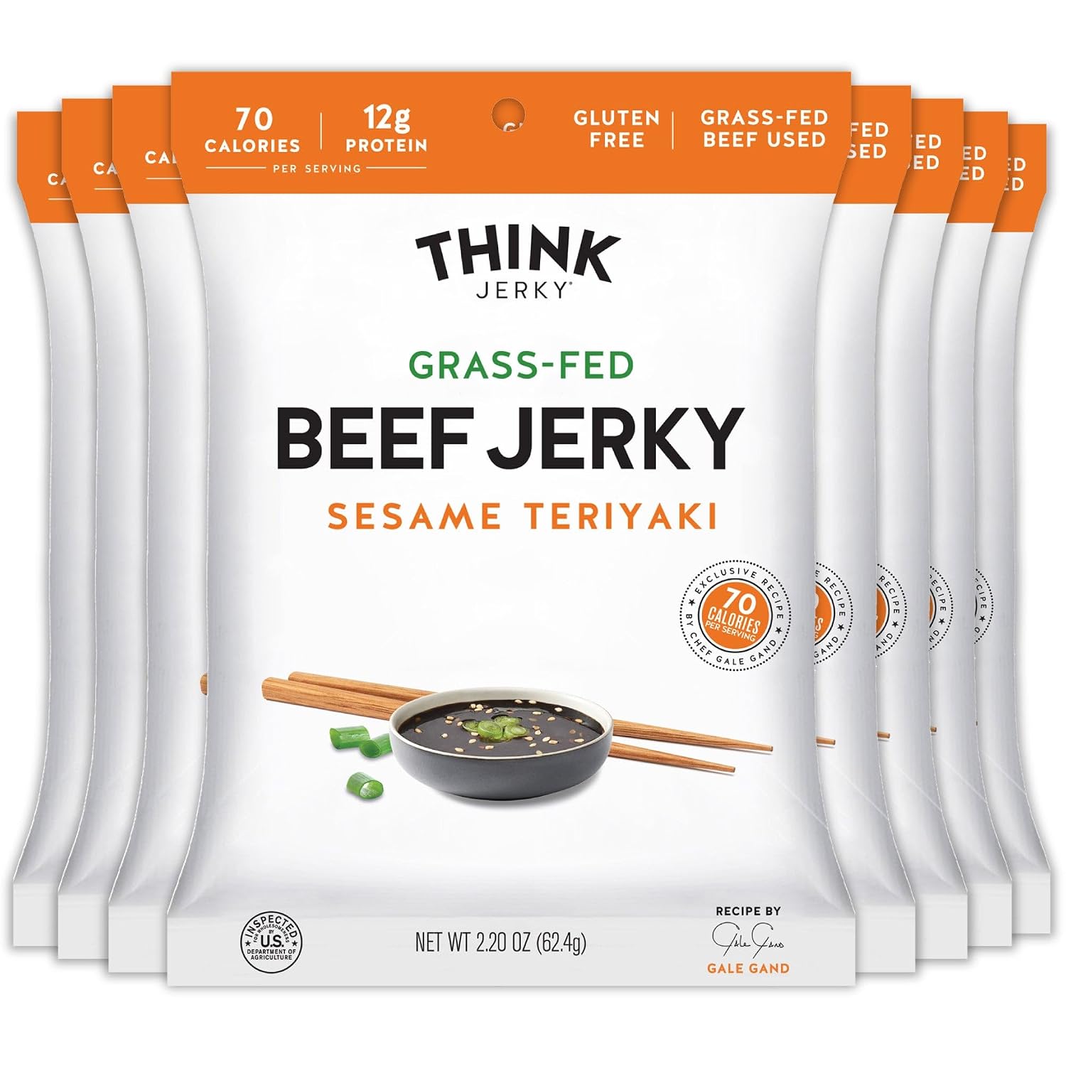 Think Jerky Sesame Teriyaki Beef Jerky, Grass-Fed High Protein Beef Jerky, Gluten Free, No Antibiotics or Nitrates, Healthy Chef Crafted Recipe, Low Calorie and Low Fat - 2.2 oz Bags, 4 Pack