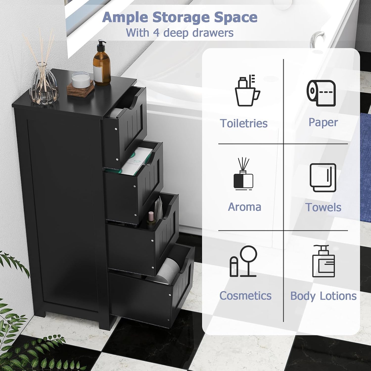 Tangkula Bathroom Floor Cabinet, Freestanding Narrow Side Storage Organizer with 4 Drawers, Multifunctional Towel Cabinet with Anti-Tip Kit for Living Room Laundry Entryway (4 Drawers, White)