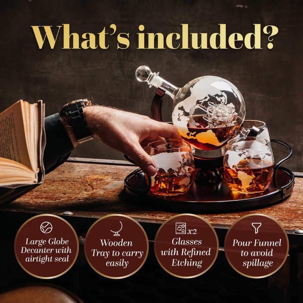 Kemstood Whiskey Decanter Sets for Men - Etched World Globe Design with Wood Stand & 2 Glass - Ideal for Dignified Drinking, Home Decor - Unique Whiskey Gifts for Men - 28 oz / 850 ml Capacity