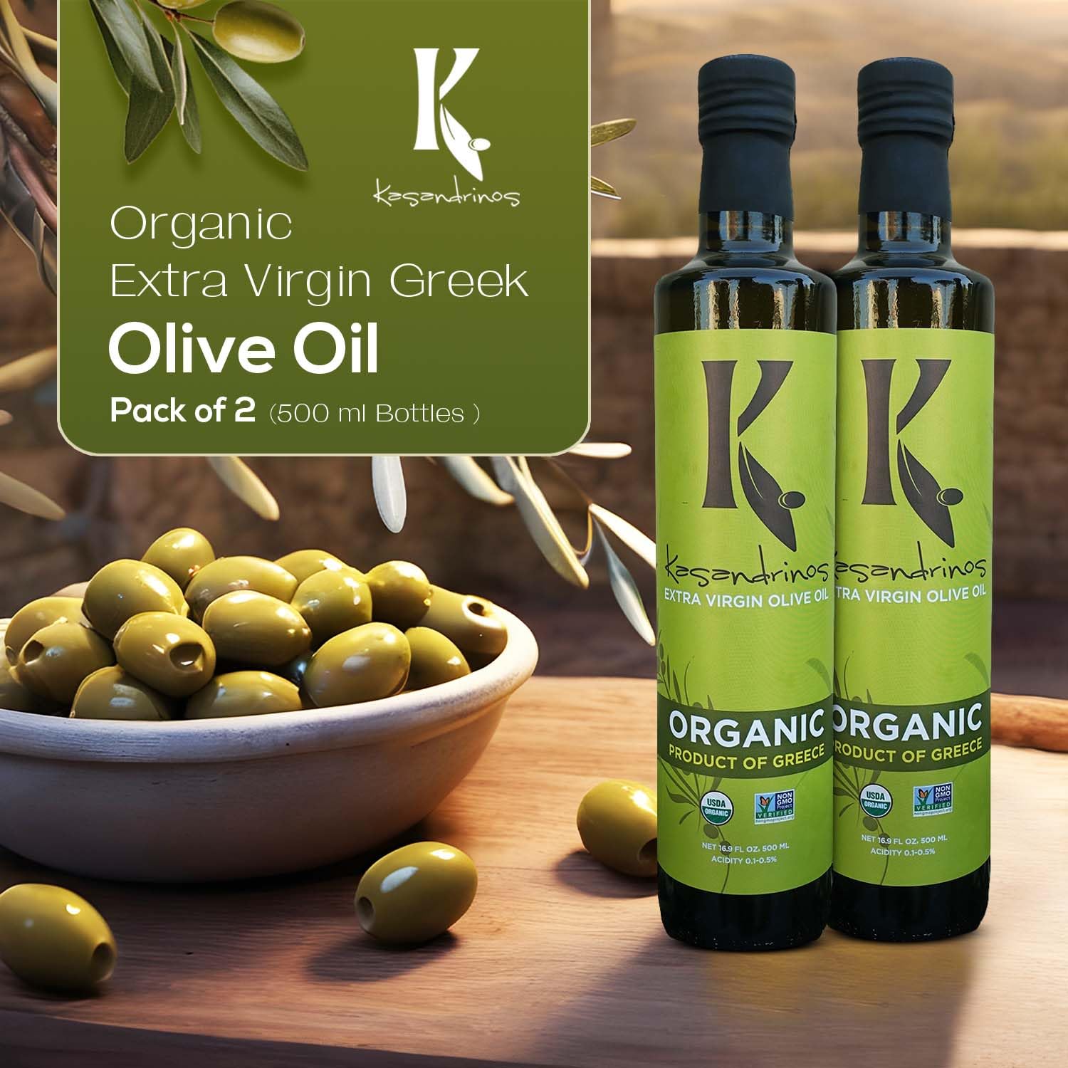 Kasandrinos Organic Olive Oil Extra Virgin, Polyphenol Rich Greek Olive Oil, 100% Organic First Cold Pressed, Mild + Delicate Flavor, Verified by Non GMO, 500 ml / 16.9 oz