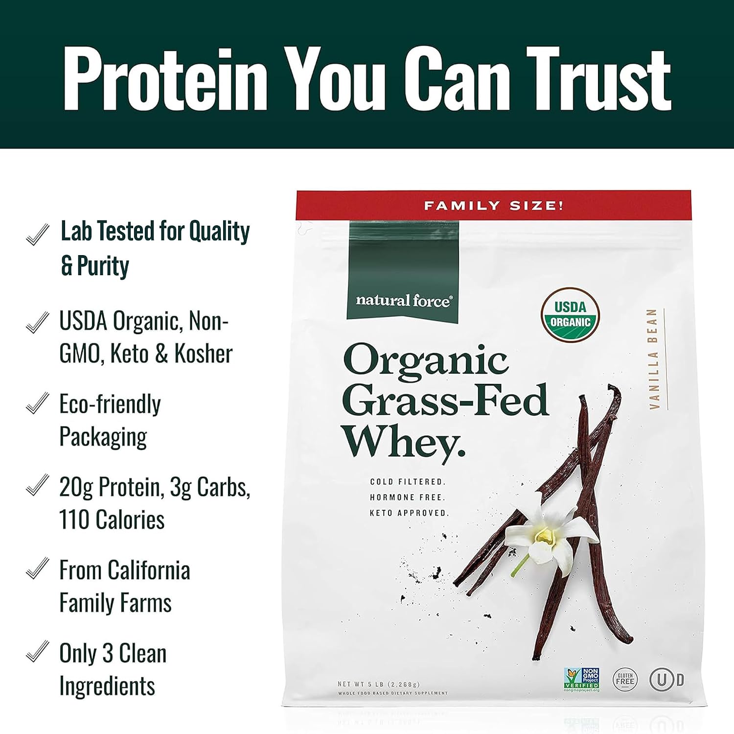 Natural Force Grass Fed Organic Whey Protein Powder – Non GMO Verified, Humane Certified & Lab Tested for Toxins – Real Vanilla Flavor – Keto Friendly, Low Carb, and Kosher - 16 Ounce A2 Protein