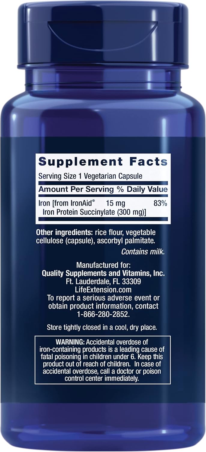 Life Extension Iron Protein Plus, Iron Protein succinylate, absorbable Iron Supplement for Whole-Body Health, Non-GMO, Gluten-Free, Vegetarian