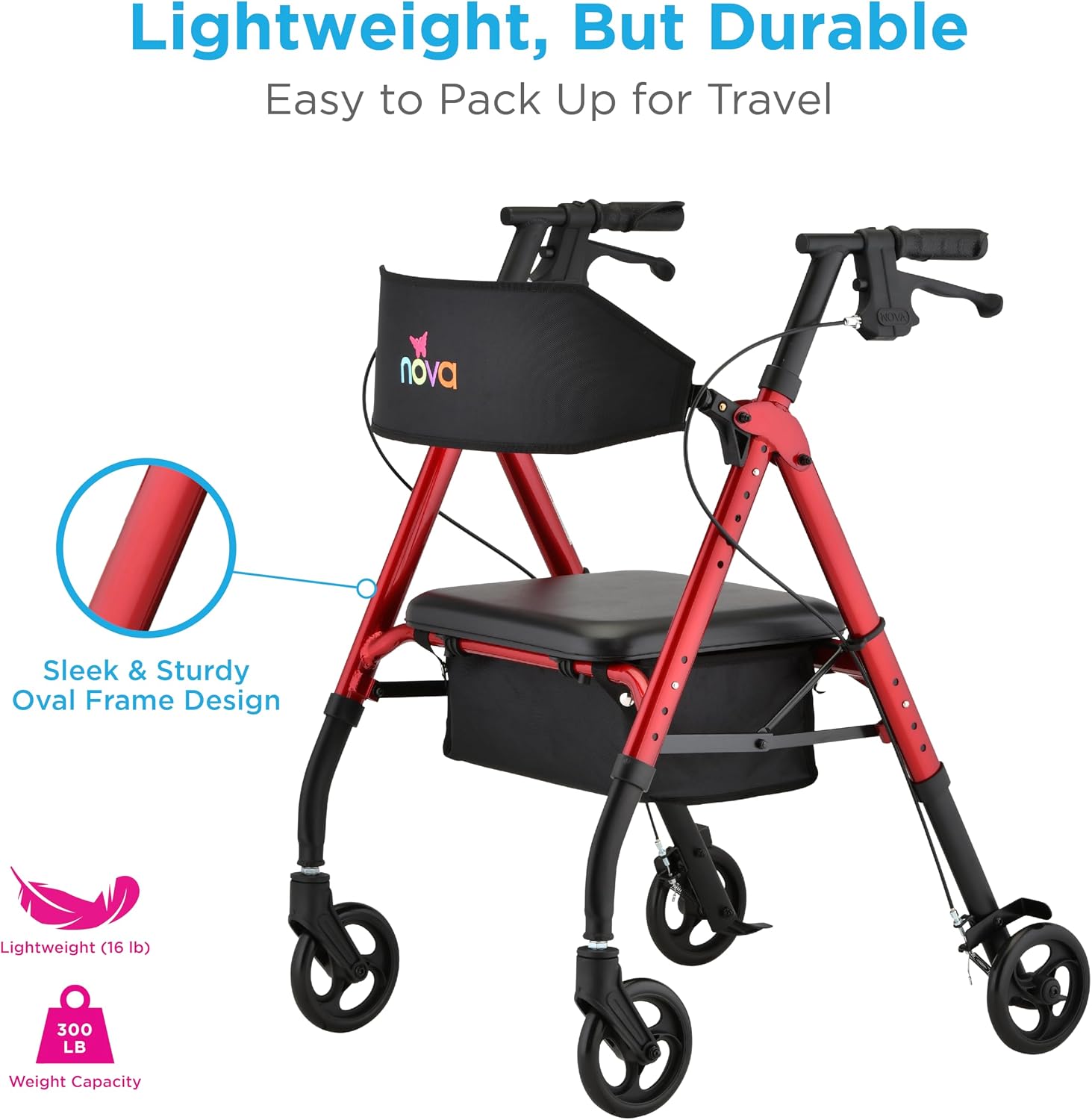 NOVA Star 6 Foldable Rollator Walker for Seniors, Wide Padded Backrest with Seat, 6” All-Terrain Wheels, Easy-Grip Locking Hand Brakes, Height Adjustable, Blue