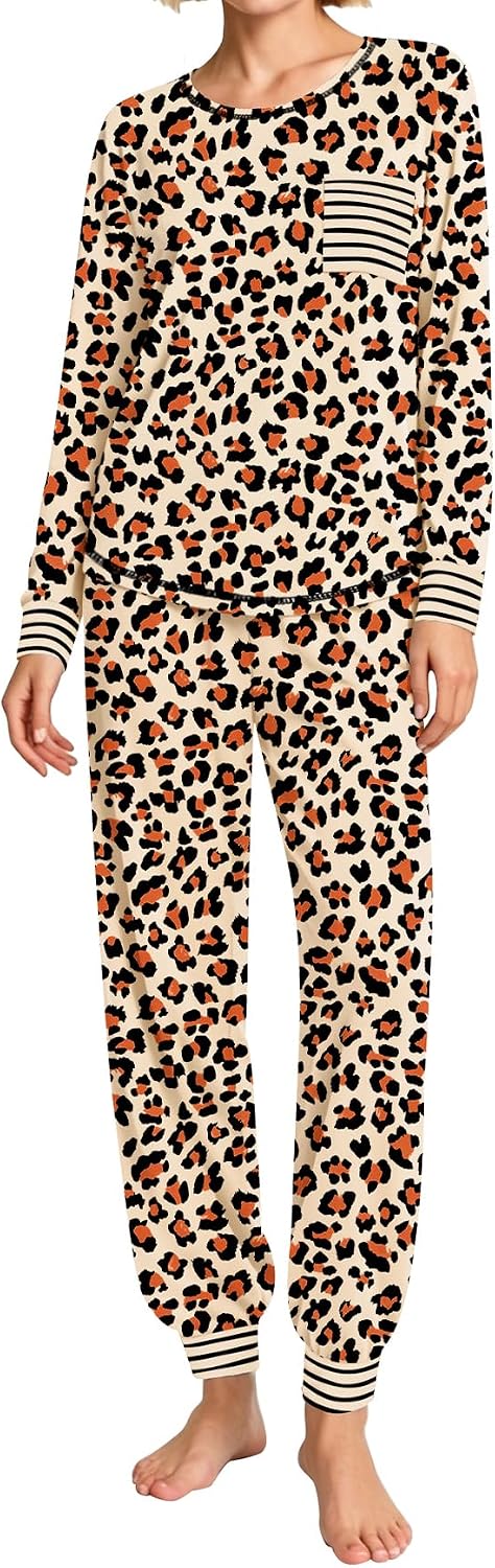 SWOMOG Women’s Pajamas Set Long Sleeve Sleepwear with Long Pants Soft Modal Loungewear Pj Set