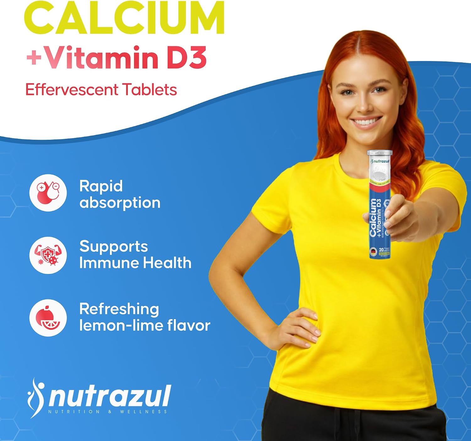 Nutrazul Calcium + Vitamin D3 Effervescent Tablets, for Bone Health Maintenance, 500 mg Calcium and 2.5 mcg Vitamin D3