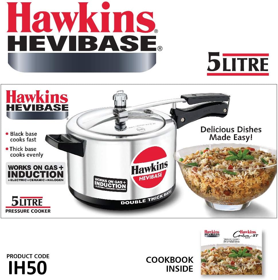 Hawkins Aluminium 5 Litre Hevibase Pressure Cooker, Induction Inner Lid Cooker, Silver (Ih50)