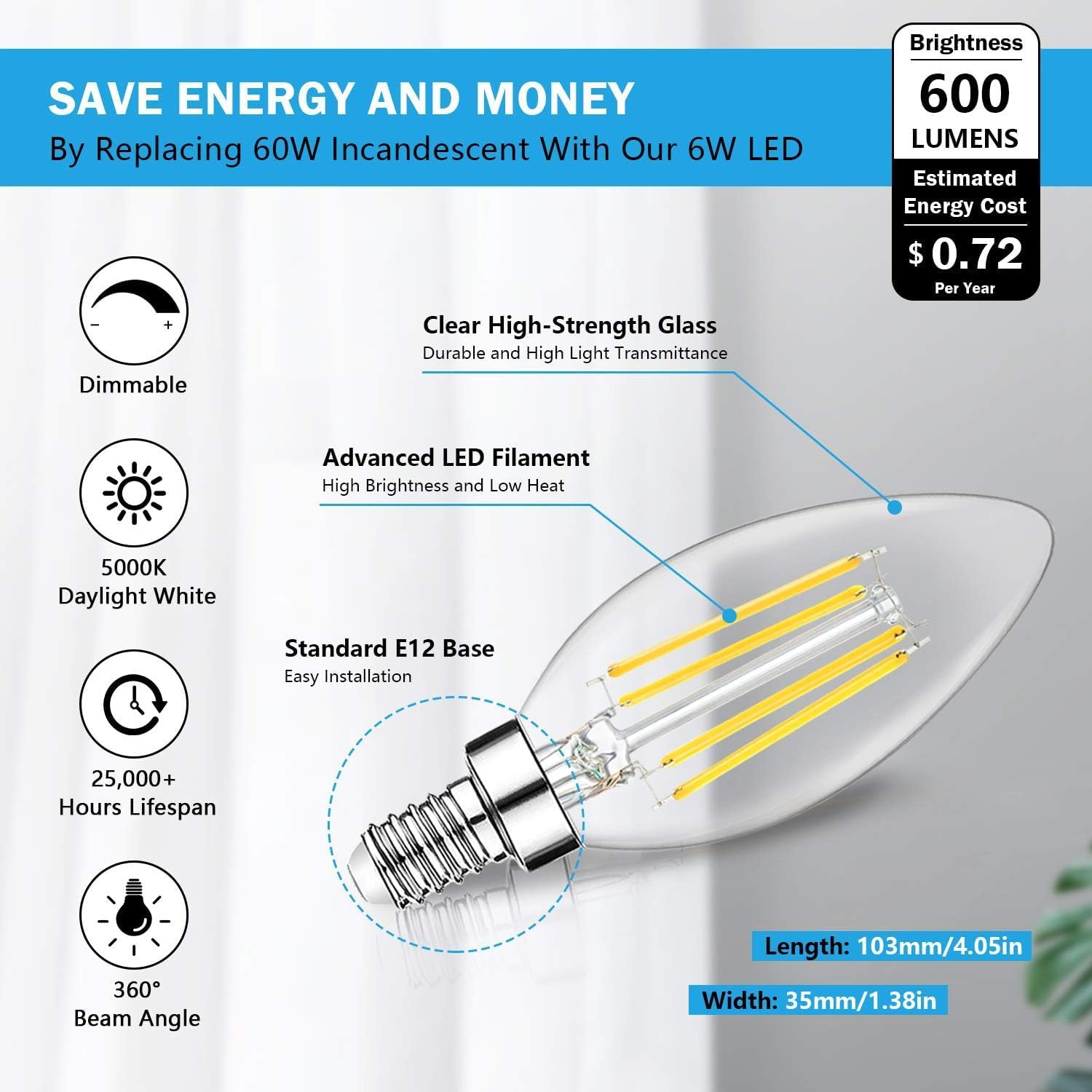 BesLowe 12-Pack Dimmable E12 LED Candelabra Bulbs 60W Equivalent, 2700K