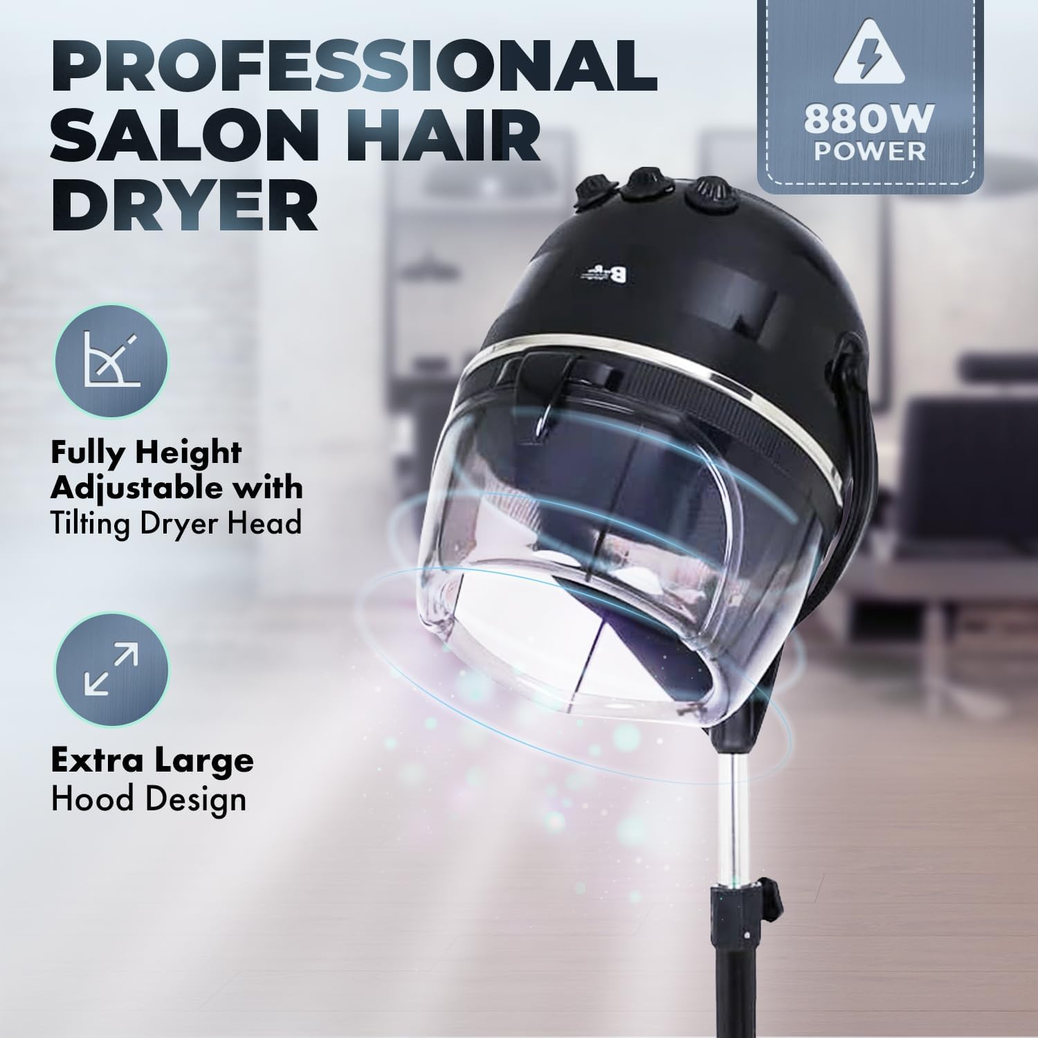 Buy-Rite Meredith 880W Hooded Salon Hair Dryer Adjustable Height | Durable 5-Star Caster Base, Fits Most Dryer Chairs, 60-Min Auto Shut-Off