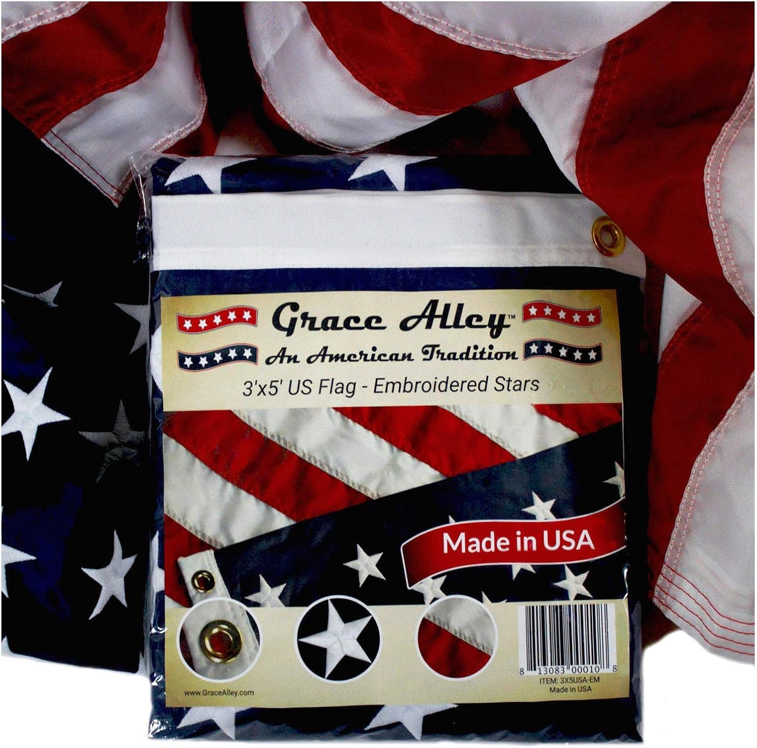 Grace Alley American Flag: 5x8 FT US Flag - 100% Made In USA - Embroidered Stars and Sewn Stripes and Brass Grommets
