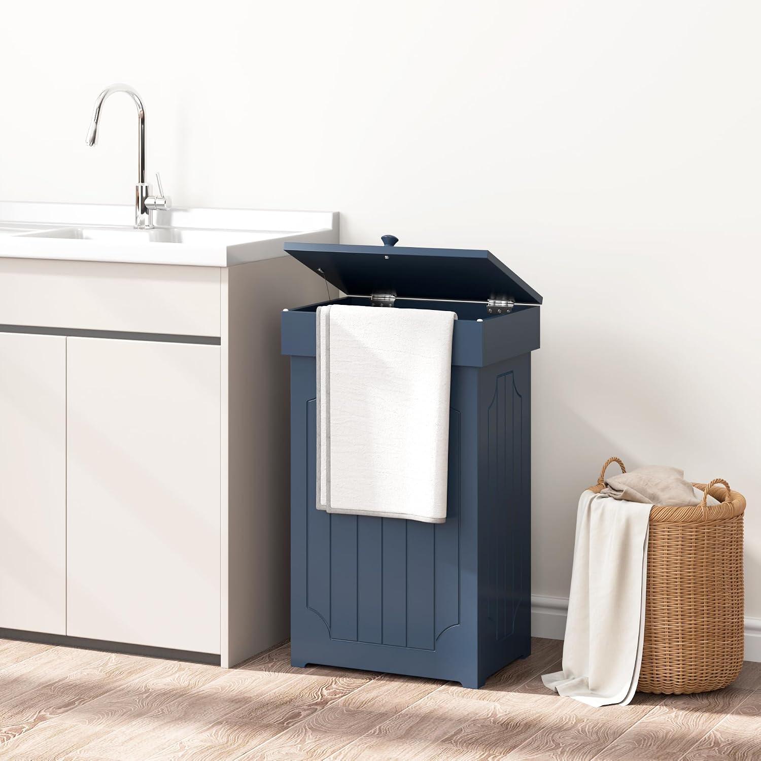 Function Home Trash Can Cabinet, 13 Gallon Kitchen Garbage Can, Wood Recycling Trash Bin, Freestanding Dog Proof Trash Can, Farmhouse Trash Cabinet with Lid for Home Kitchen Bathroom, Yellow