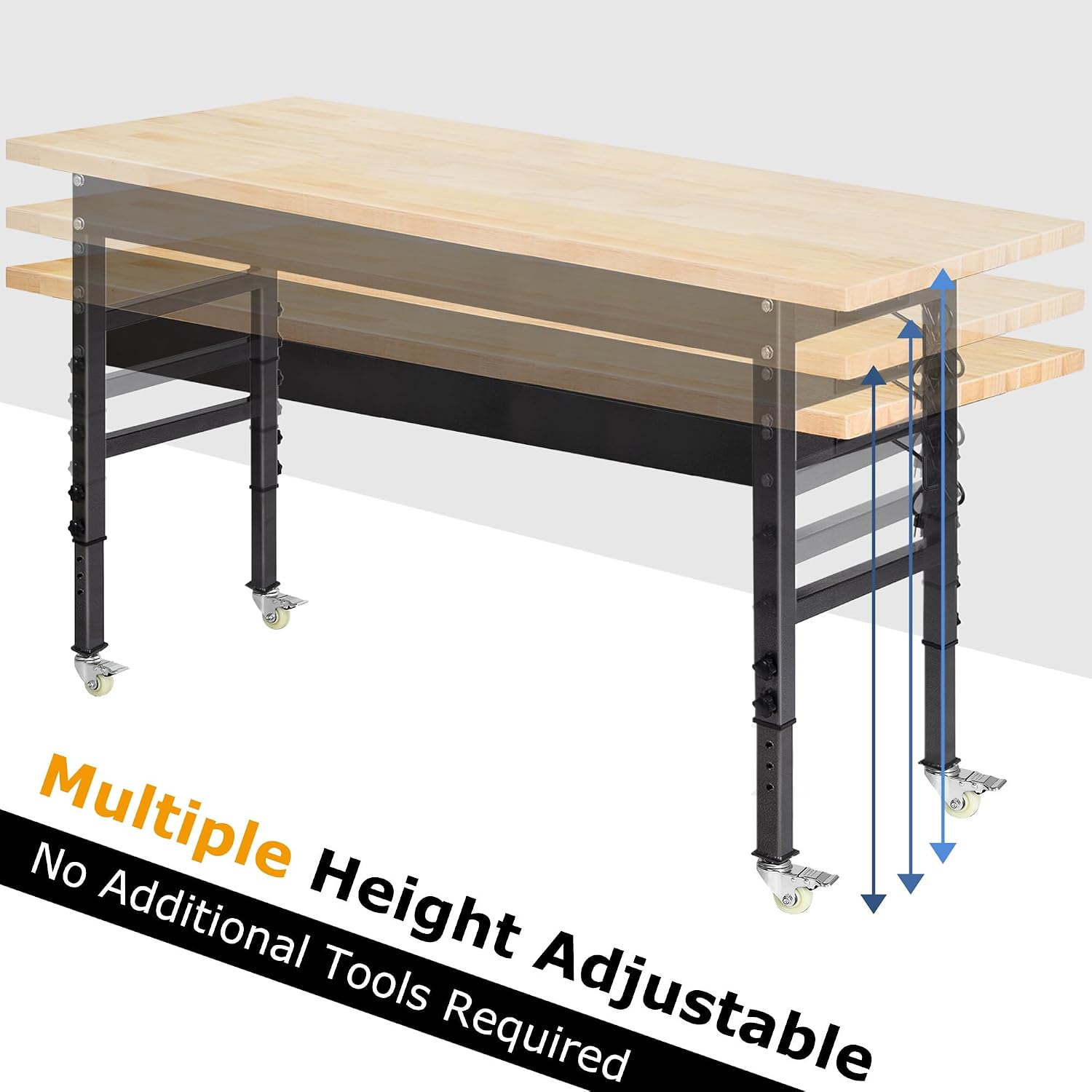 60" Adjustable Work Bench, Rubber Wood Top Workbench | Heavy-Duty Work Table with Power Outlet and Wheels