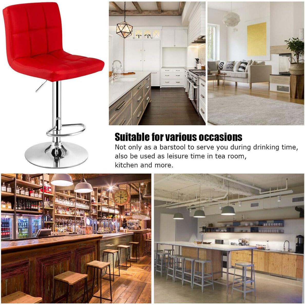 COSTWAY Bar Stool, Modern Swivel Adjustable Height PU Leather Barstools with Back, Square Armless Counter Height Bar Chair for Kitchen Island Dining Living Bistro Pub Counter, Black