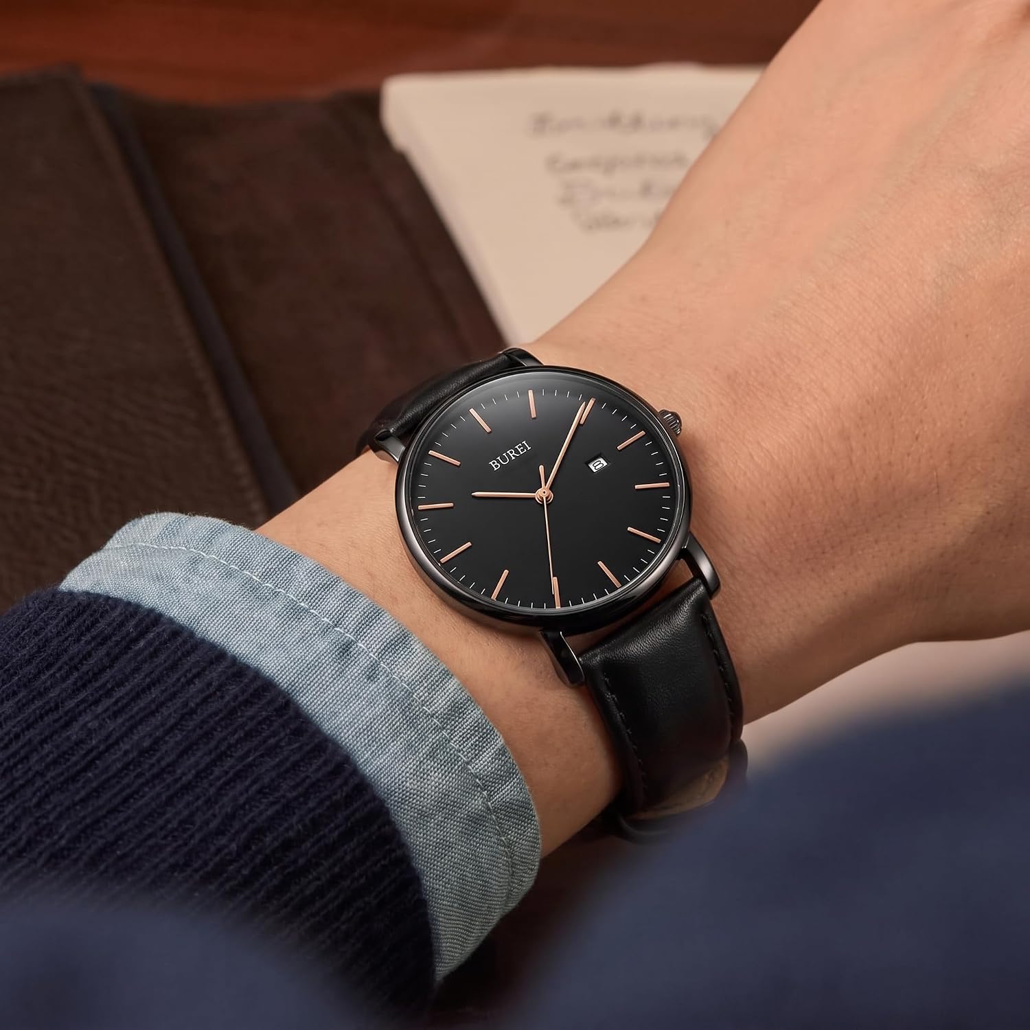 BUREI Men Wrist Watches Fashion Minimalist Thin Analog Quartz Waterproof Watches for Men, Refined Gifts for Men, Boyfriend, Husband, Dad