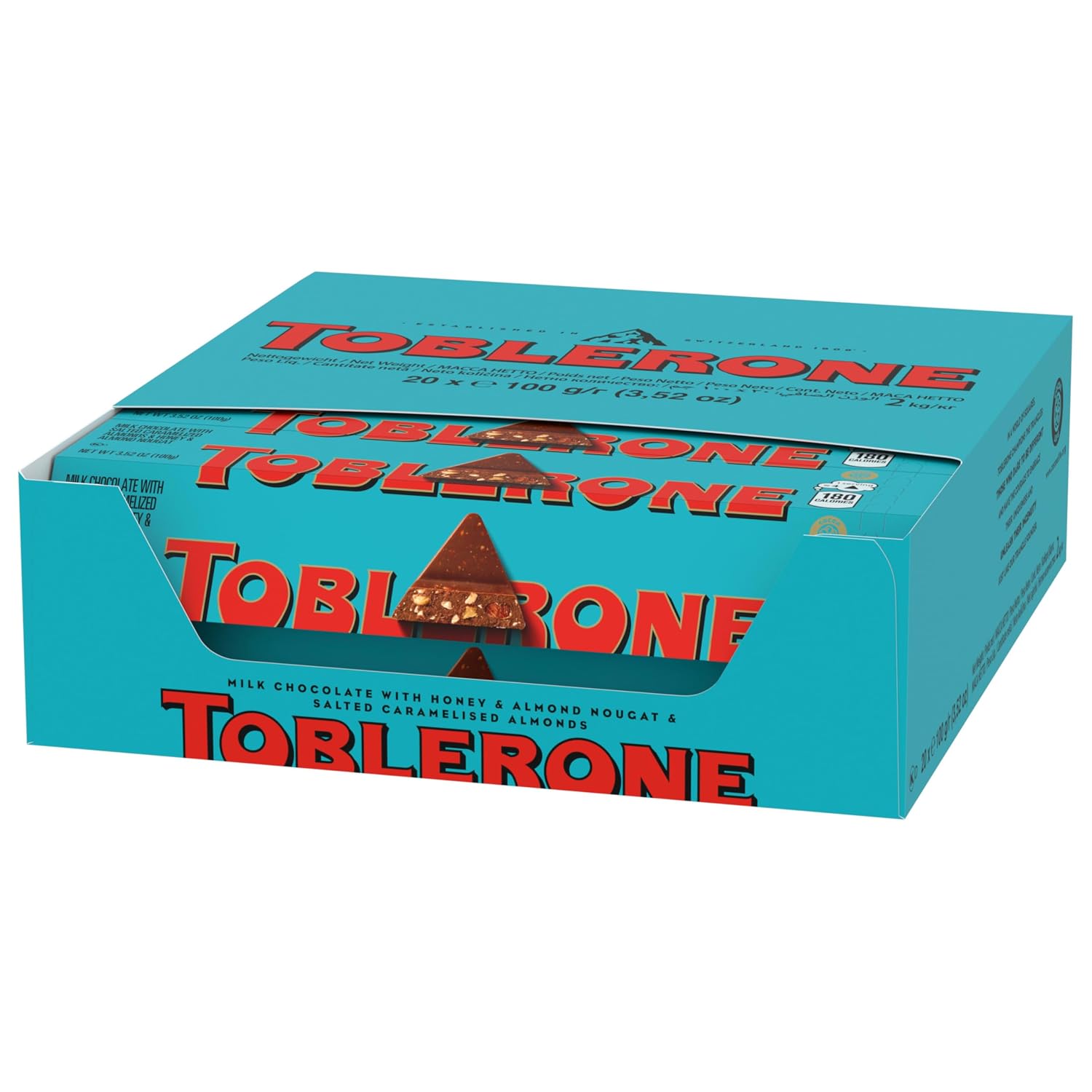 TOBLERONE Milk Chocolate Bar with Salted Caramelized Almonds, 20 Bars | Honey and Almond Nougat, Bulk Chocolate