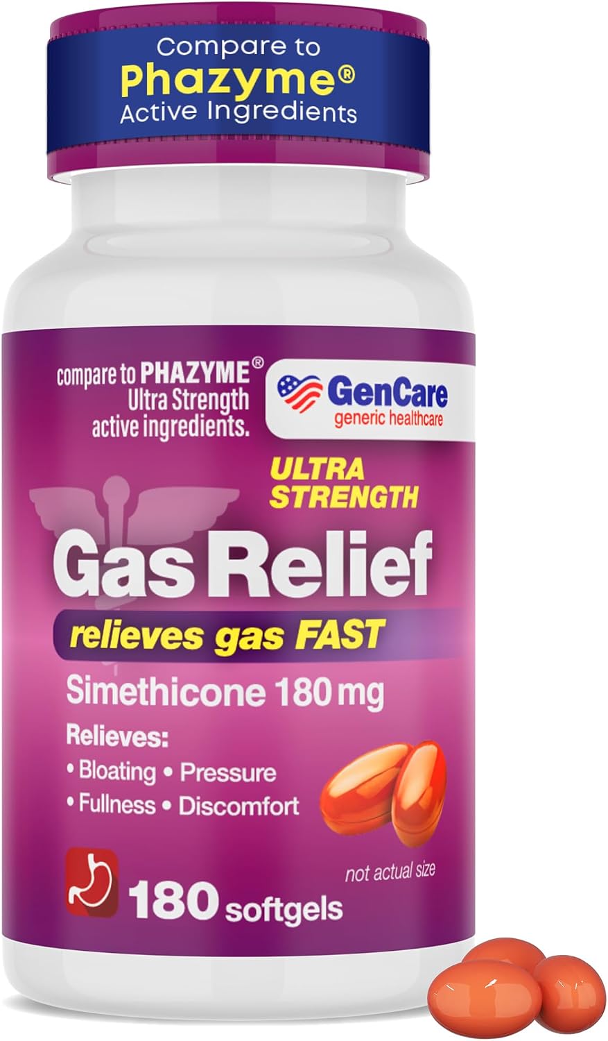 GenCare Gas Relief Simethicone 180mg Ultra Strength, 180 Softgels