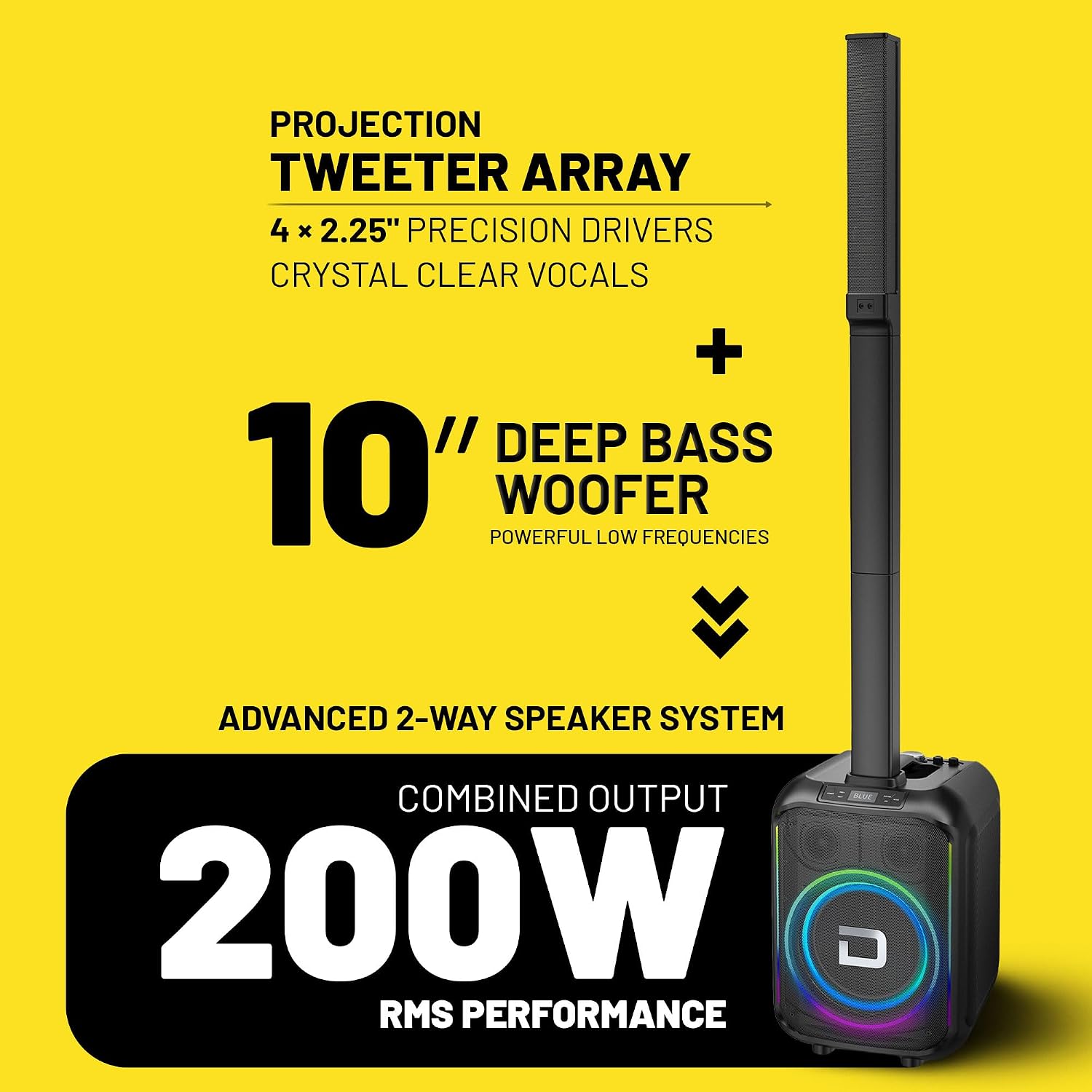 Dolphin Karaoke Bluetooth Party Speaker with 2 Wireless Mics, 10" Woofer | 200W RMS, Adjustable 3-Piece Tower Design, WaveSync TWS Pairing, USB/AUX