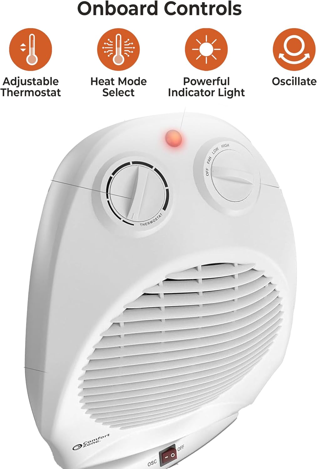 Comfort Zone CZ50 750/1500-Watt Fan-Forced Oscillating Electric Portable Heater with Adjustable Thermostat, Built-in Overheat Sensor, Safety Tip-Over Switch, and Heat Resistant Housing, White