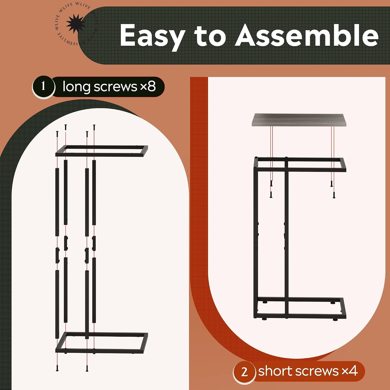 WLIVE C Shaped End Table, Small Side Tables for Sofa and Bed, Couch Table that Slides Under for Living Room, Bedroom, Home Office, Small Spaces