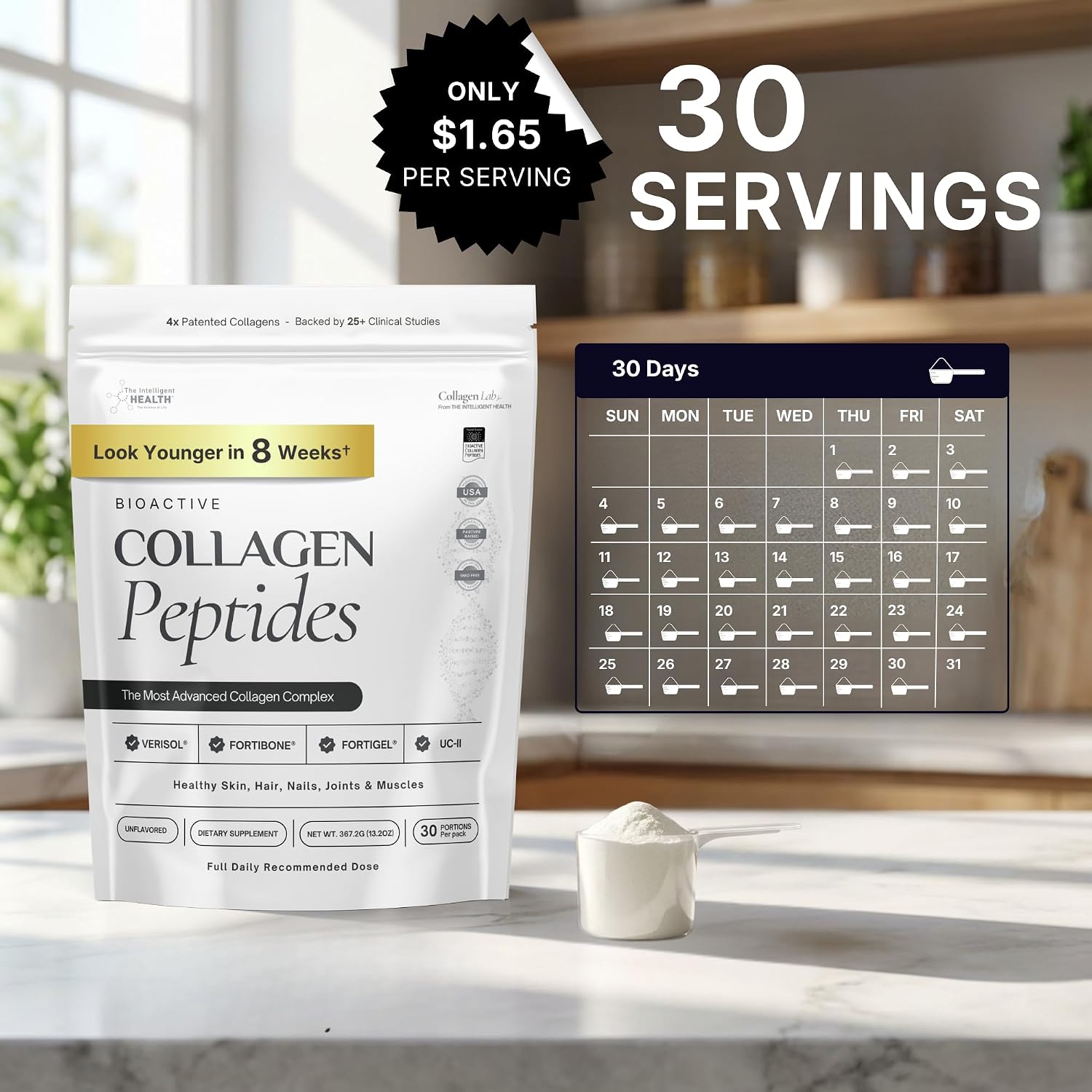 Collagen Peptides Powder, Hydrolyzed Collagen, Type I & III, 45 Servings | Grass Fed, Unflavored, Gluten Free, Keto/Paleo, Skin Support, Hair, Nail, Joints, 10g Servings, 15.9 Oz