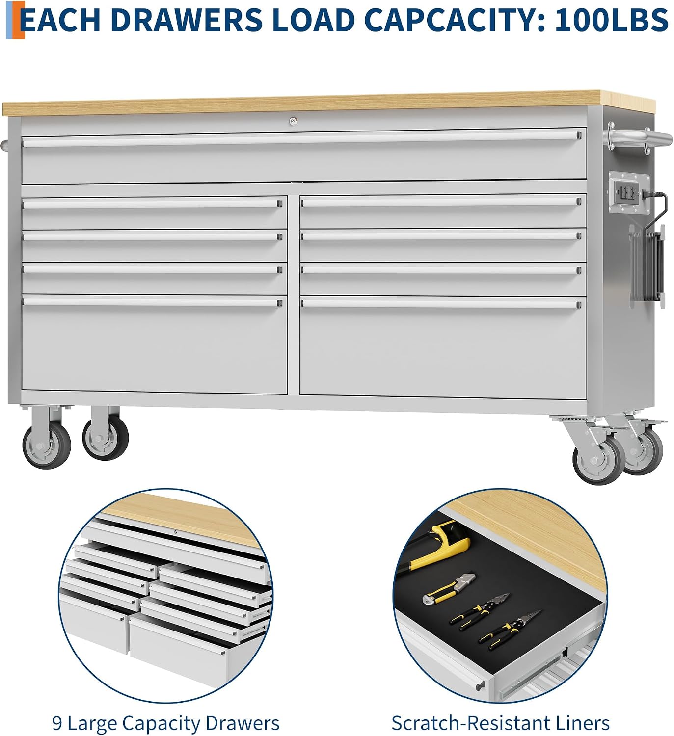 61 Inch Rolling Tool Chest, Garage Workbench with 9 Drawers, Solid Rubber Wood Top, Wheels Lock Key Locking System, Mobile Tool Cabinet Garage