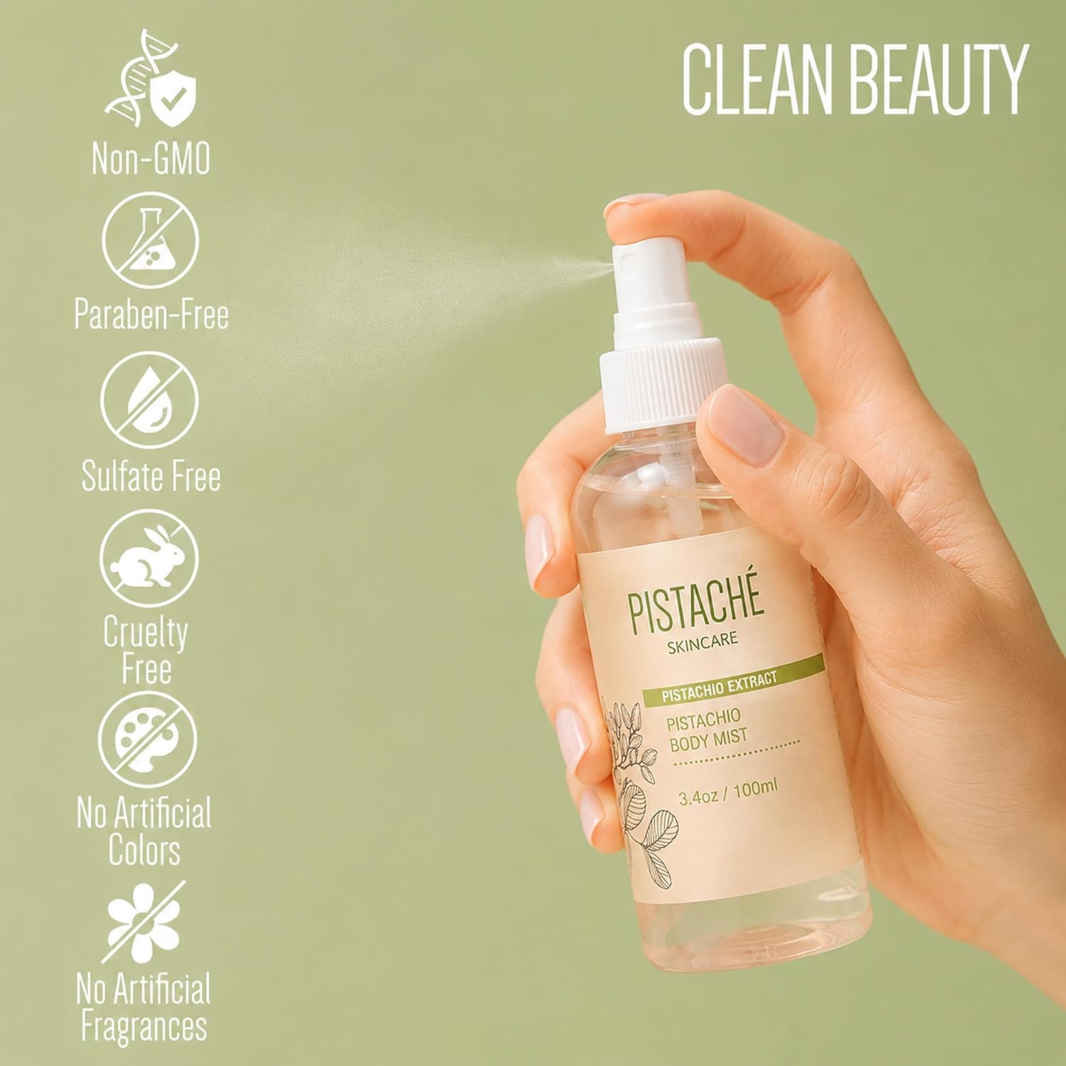 Pistaché Skincare Pistachio Oil Body Mist Spray, Biscotti Fragrance, 3.4oz