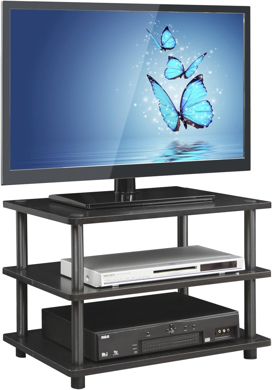 Furinno Turn-N-Tube TV Riser Stand, 2-Tier Small Elevated No Tools TV Stand, TV Console for TV up to 32 inch, 15.8 x 23.8 x 11, for Living Room, Bedroom, French Oak/Black