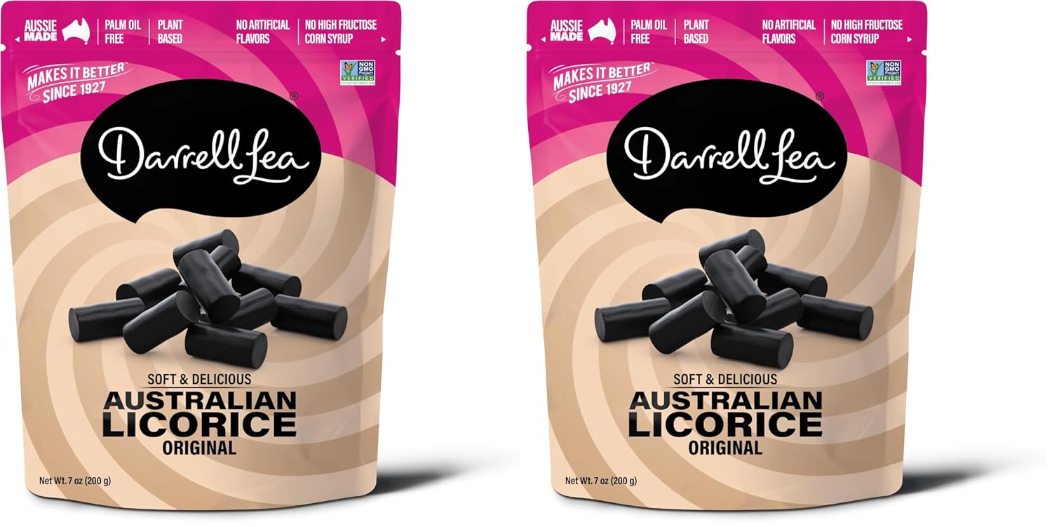 Darrell Lea Soft Australian Licorice, Non-GMO, No Palm Oil, Vegetarian Friendly, No High Fructose Corn Syrup, Soft & Chewy Licorice Candy, Made in Australia (Strawberry, 7 Ounce (Pack of 1))