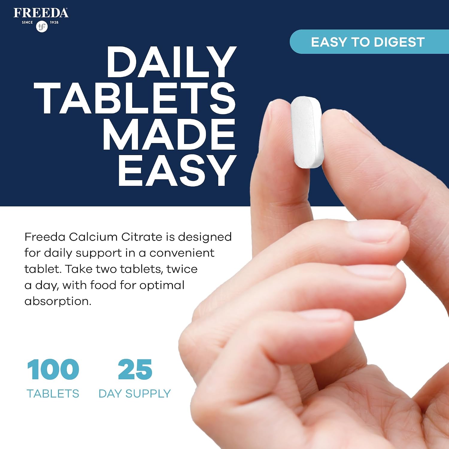 FREEDA Calcium Citrate 1000mg Supplement for Bone Support – 250 Tablets | Supports Bone Strength, Teeth, & Muscle Function – Highly Absorbable Calcium Formula – No Vit D, Vegan, Kosher, Made in USA
