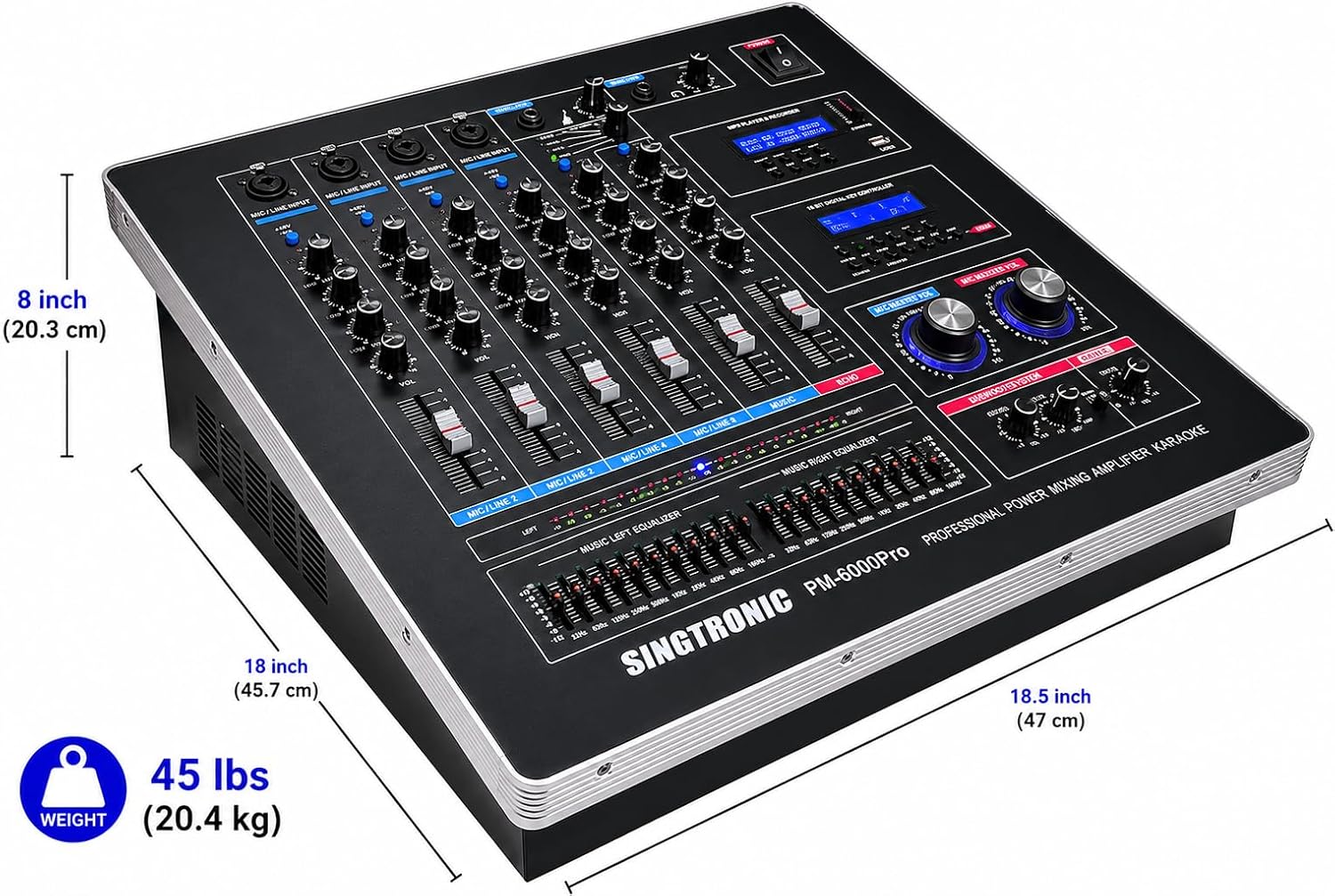 Singtronic PM-6000Pro Professional KJ/DJ 6000W Digital Console Mixing Board Karaoke Ampliffier Built in HDMI-Arc, Optical, Bluetooth, Aux