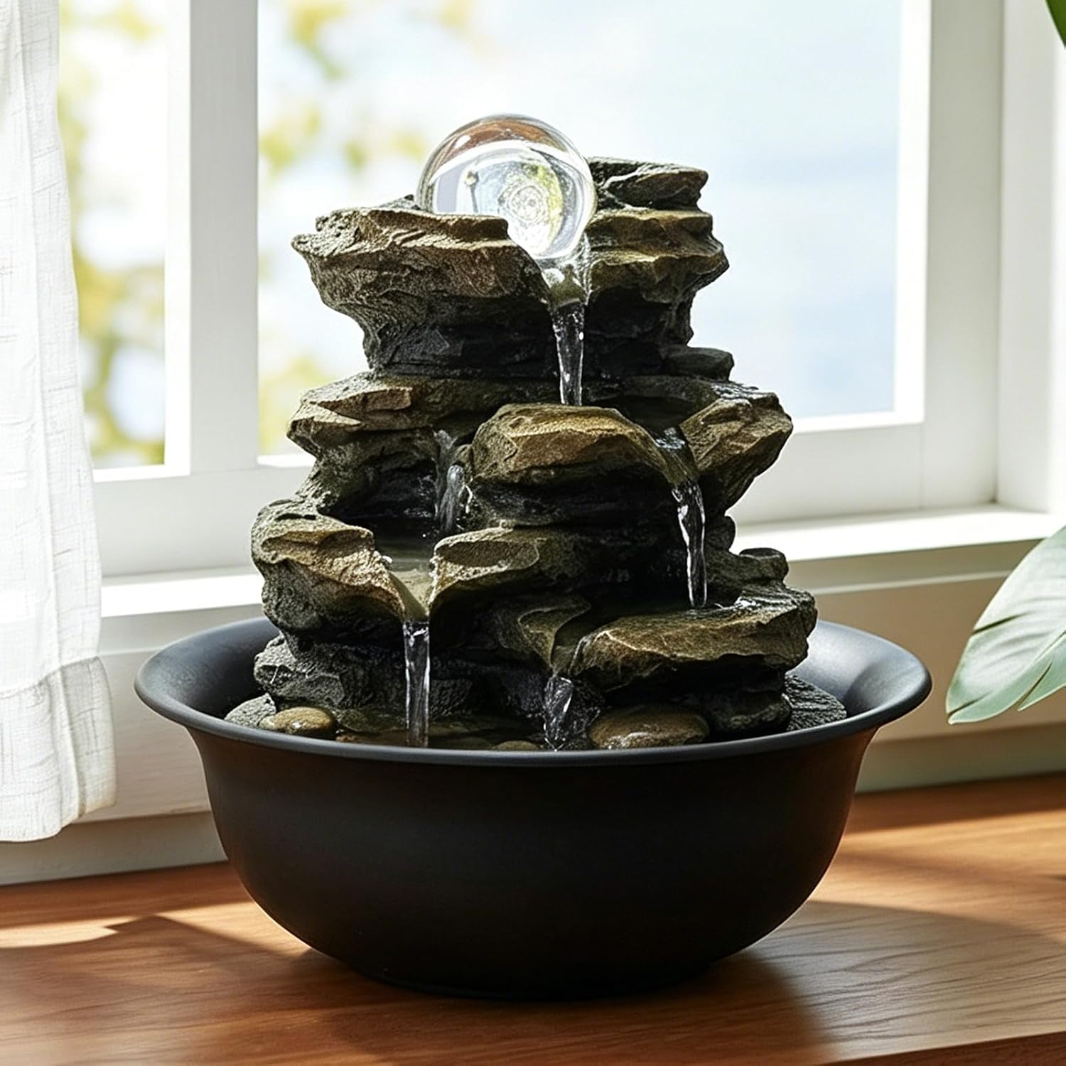 Rockery Indoor Water Fountain, Zen Meditation Tabletop Fountain with LED Lights & Crystal Ball for Home Office Bedroom 9 4/5"