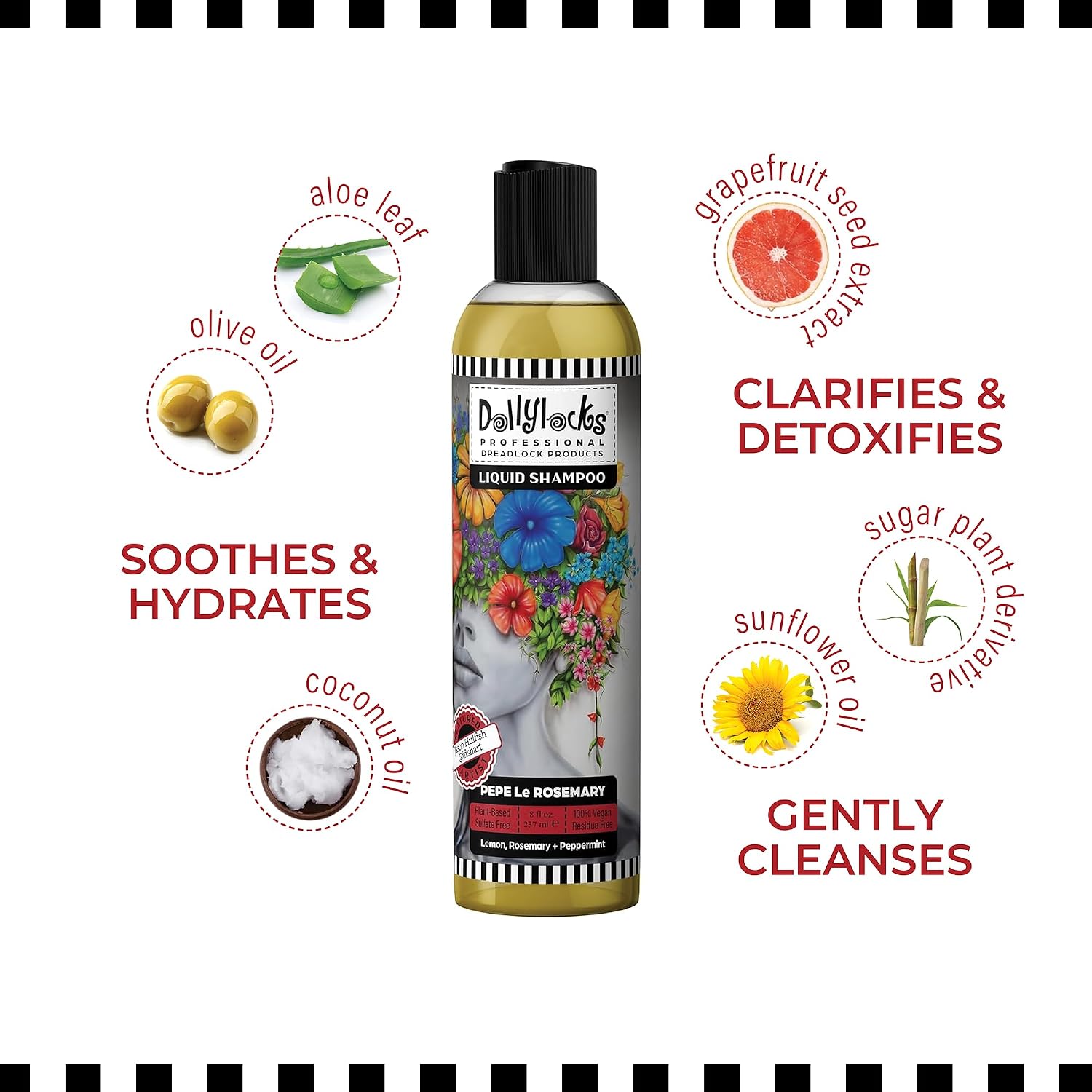 Dollylocks Clarifying Liquid Shampoo | Rosemary Peppermint Lemon | Paraben-free, Plant-Based, Vegan, Residue-Free Loc, Braid, Dreadlock Care | All hair types | 8oz