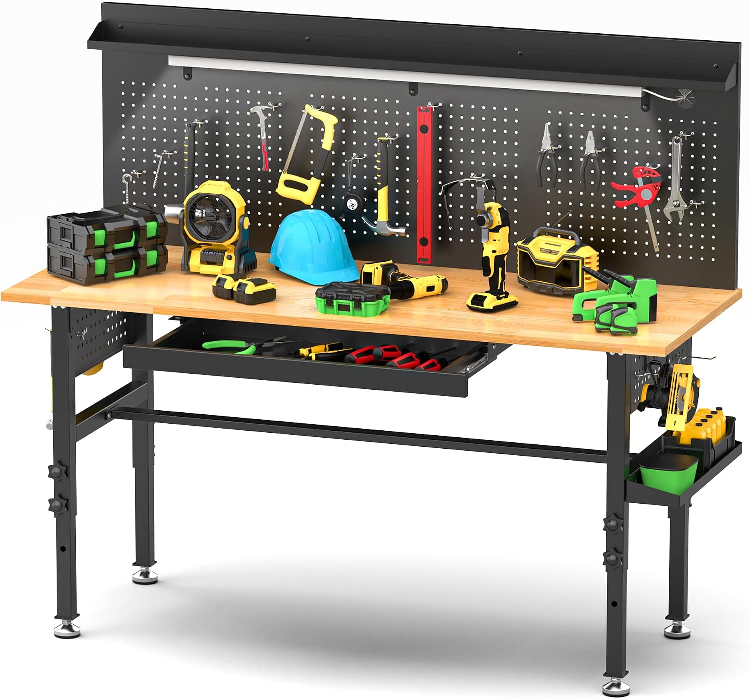 60 Inch Heavy Duty Workbench with Storage Cabinet, Wooden Top, 2000 lbs Capacity, Garage Work Table with Pegboard, Power Outlet, Leveling Feet, Black
