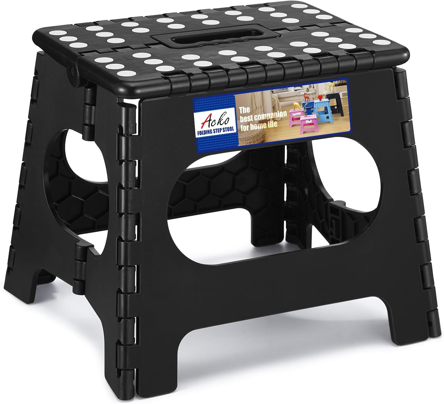 ACKO 13 Inch Folding Step Stool, Holds 300 lb for Adults and Kids, Black | Collapsible Heavy Duty Foldable Stools, Portable Non-Slip Foot Stepping stool, Kitchen Bathroom Bedroom Outdoor with Handle