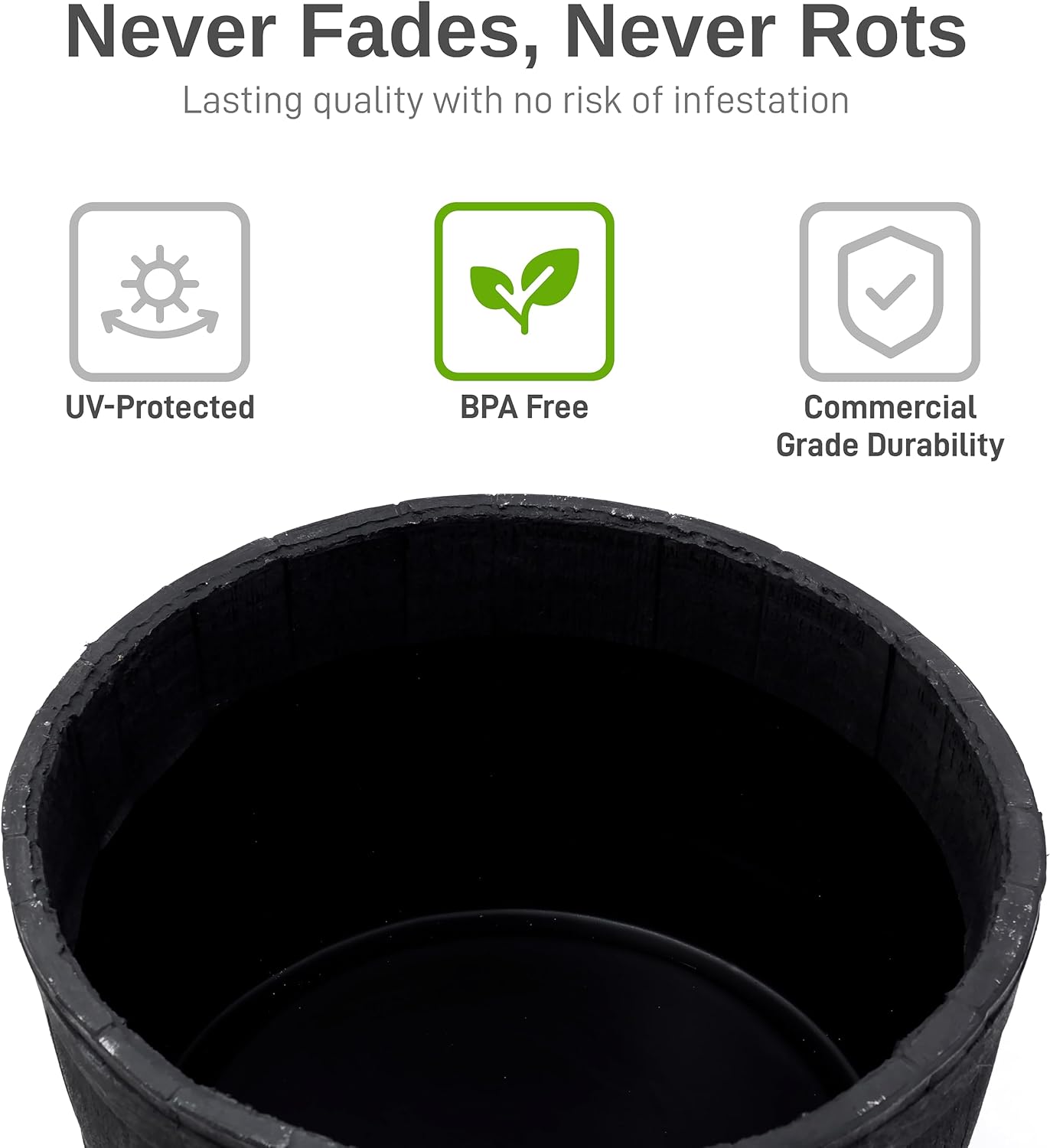 RTS Companies Home Accents 24" Whiskey Barrel Planter, Durable Polyethylene Indoor/Outdoor Flower Pot, Weather-Resistant Plastic Garden Planter, Black, 1-Pack