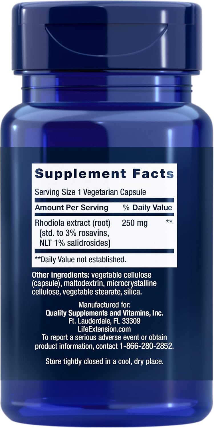 Life Extension Rhodiola Extract, Rhodiola rosea Supplement, standardized Extract, Promotes Physical and Mental Performance, Gluten-Free, Non-GMO, Vegetarian, 250 mg, 60 Capsules | Rhodiola Rosea Standardized Extract That Promotes Physical & Mental Perfor…