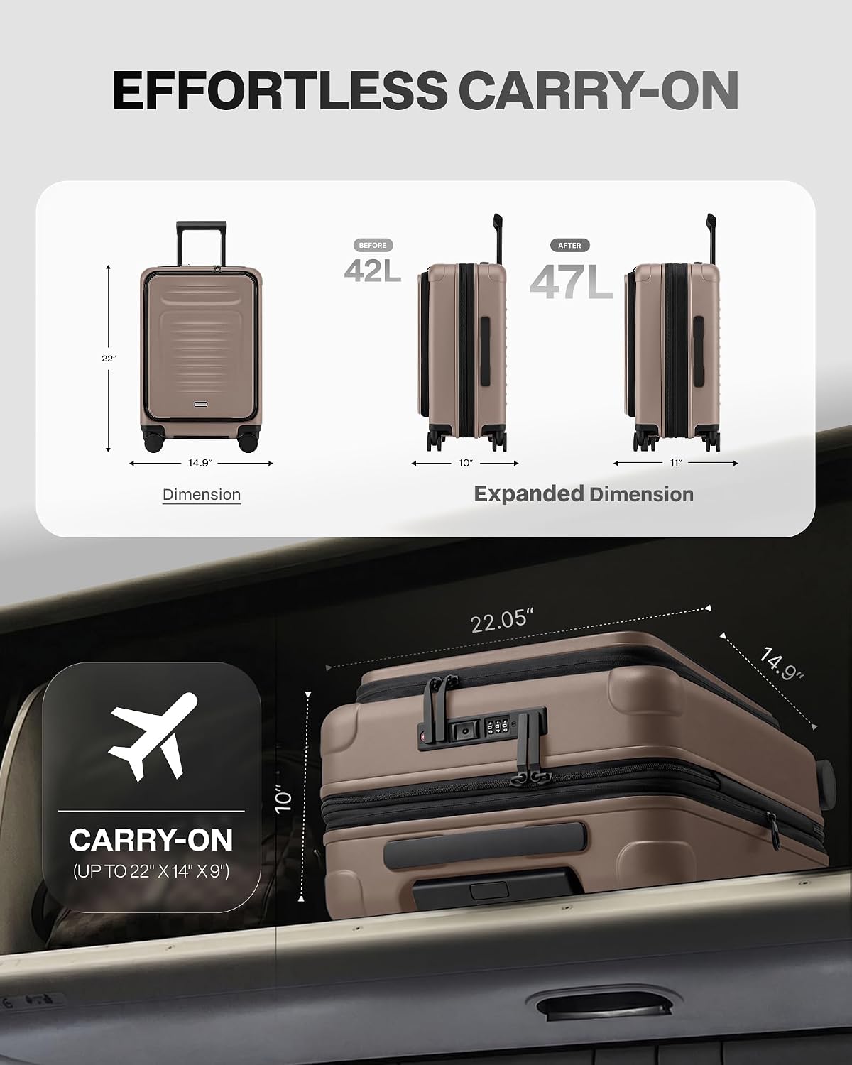 Coolife Expandable Luggage with TSA Lock Carry On Green | Front Pocket with Laptop Compartment,22x14x9 Airline Approved,Durable Hardshell Suitcases,Reinforced Bottom Groove