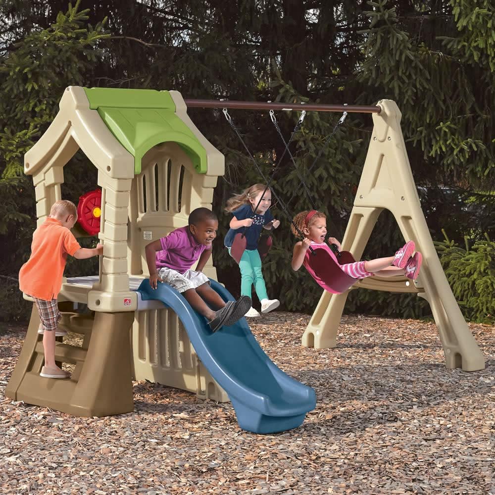 Step2 Play Up Gym Set for Kids, Outdoor Swing Set, Backyard Slide, Swings, Playhouse, & Crawl Space, Two Tier, Easy Set Up
