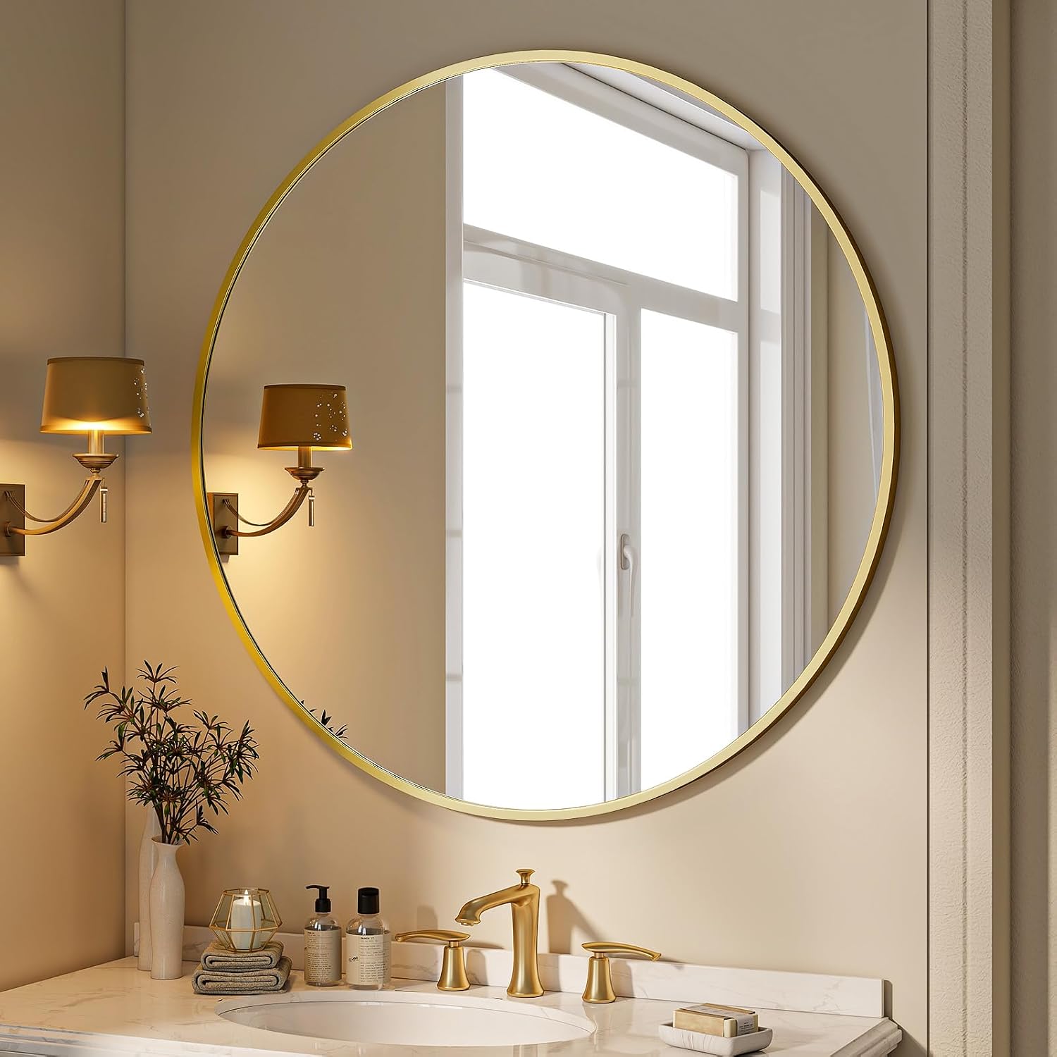 BEAUTYPEAK 24 Inch Round Mirror, Metal Frame Circle Mirror, White