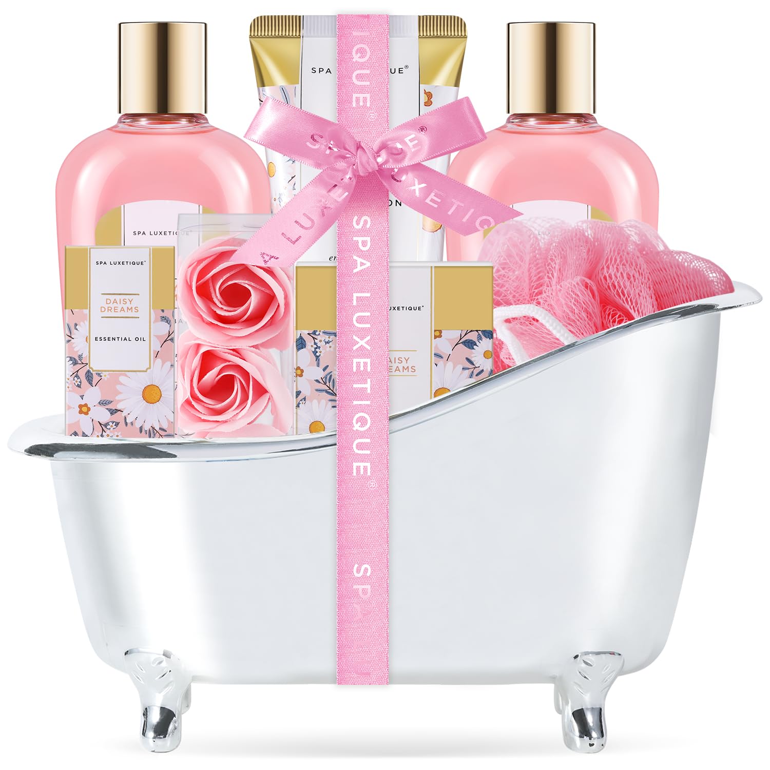 Self Care Gifts for Women, Spa Luxetique 8pcs Daisy Bath and Body Gift Baskets for Her, Bath Set with Bubble Bath, Lotion, Christmas Gifts for Mom