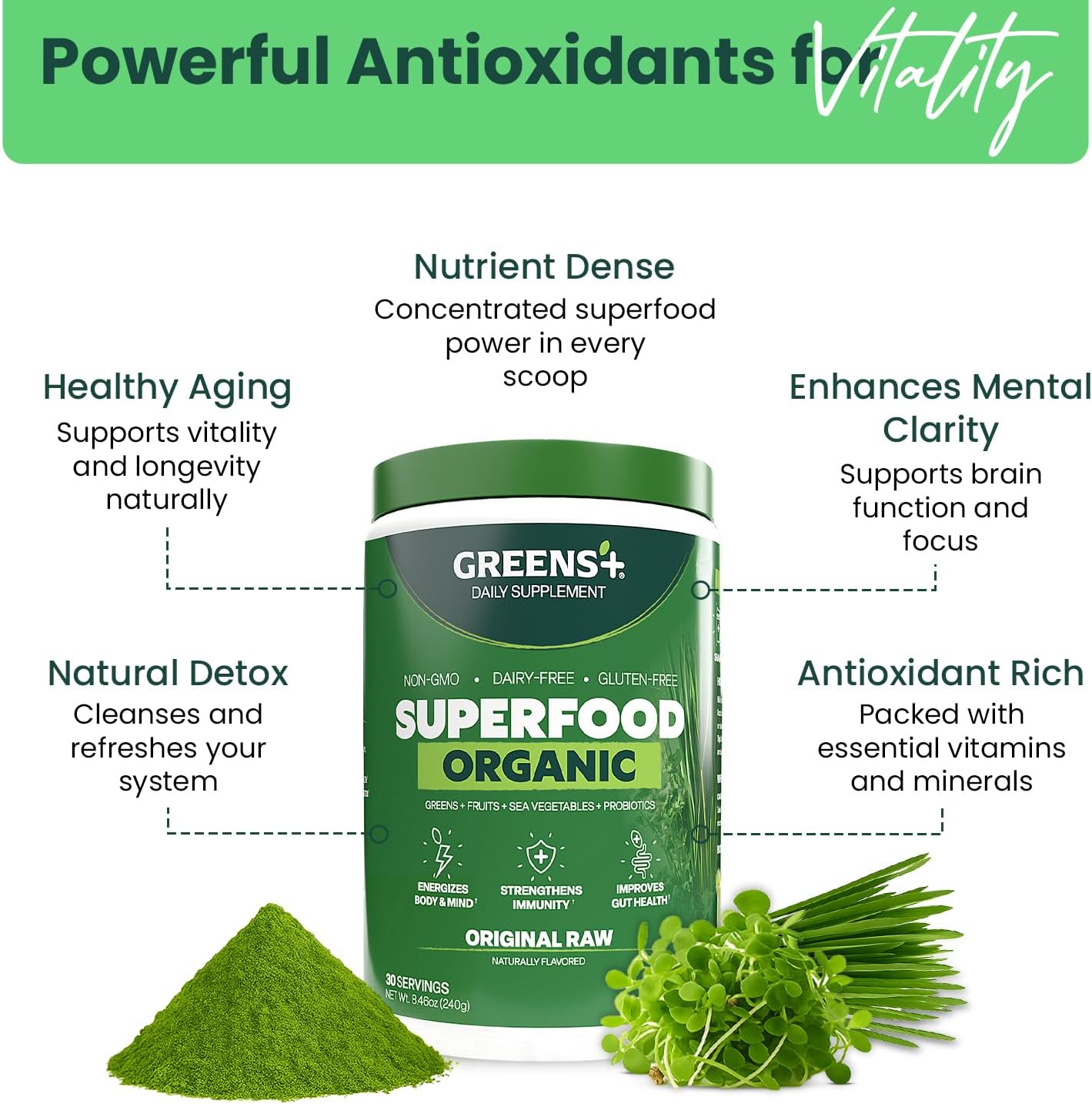 Greens+ Organic RAW Superfood Powder, Dietary Supplement | 8.46oz | Energy Boost | Super Blend Immune Support, Morning Kick, Nutrition Vibrant Health, Vegan, Soy Free | Dairy Free | Gluten Free